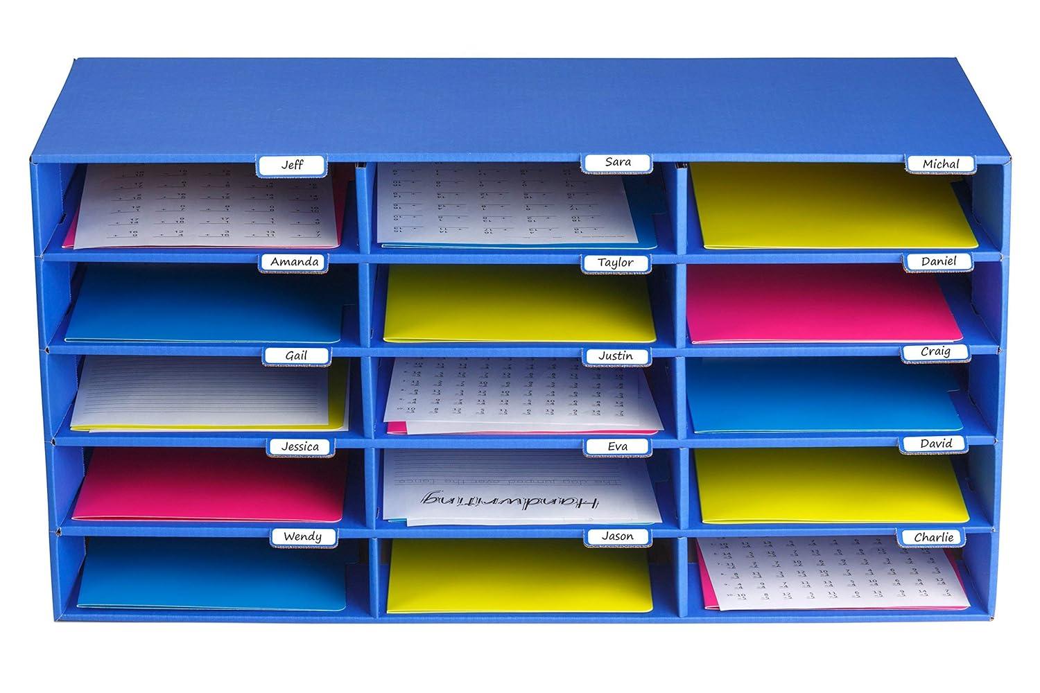 AdirOffice Cardboard Classroom Mailbox, and Office Mail Organizer with Name Slots, (15 Slot, Blue)