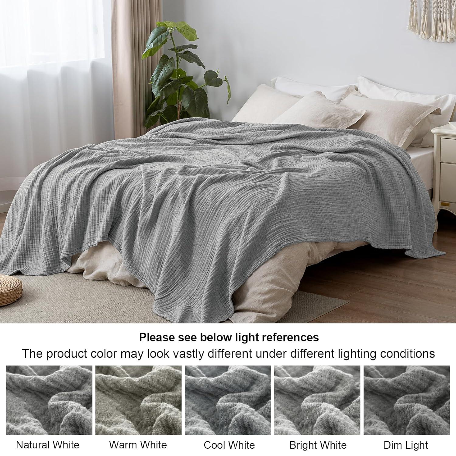 PHF 100% Cotton Muslin Blanket King Size 108" x 90", 4-Layer Lightweight and Breathable Blanket for Summer, Luxuriously Soft Gauze Bedding for Bed, Natural Minimalism Style, Ideal, Gift Grey