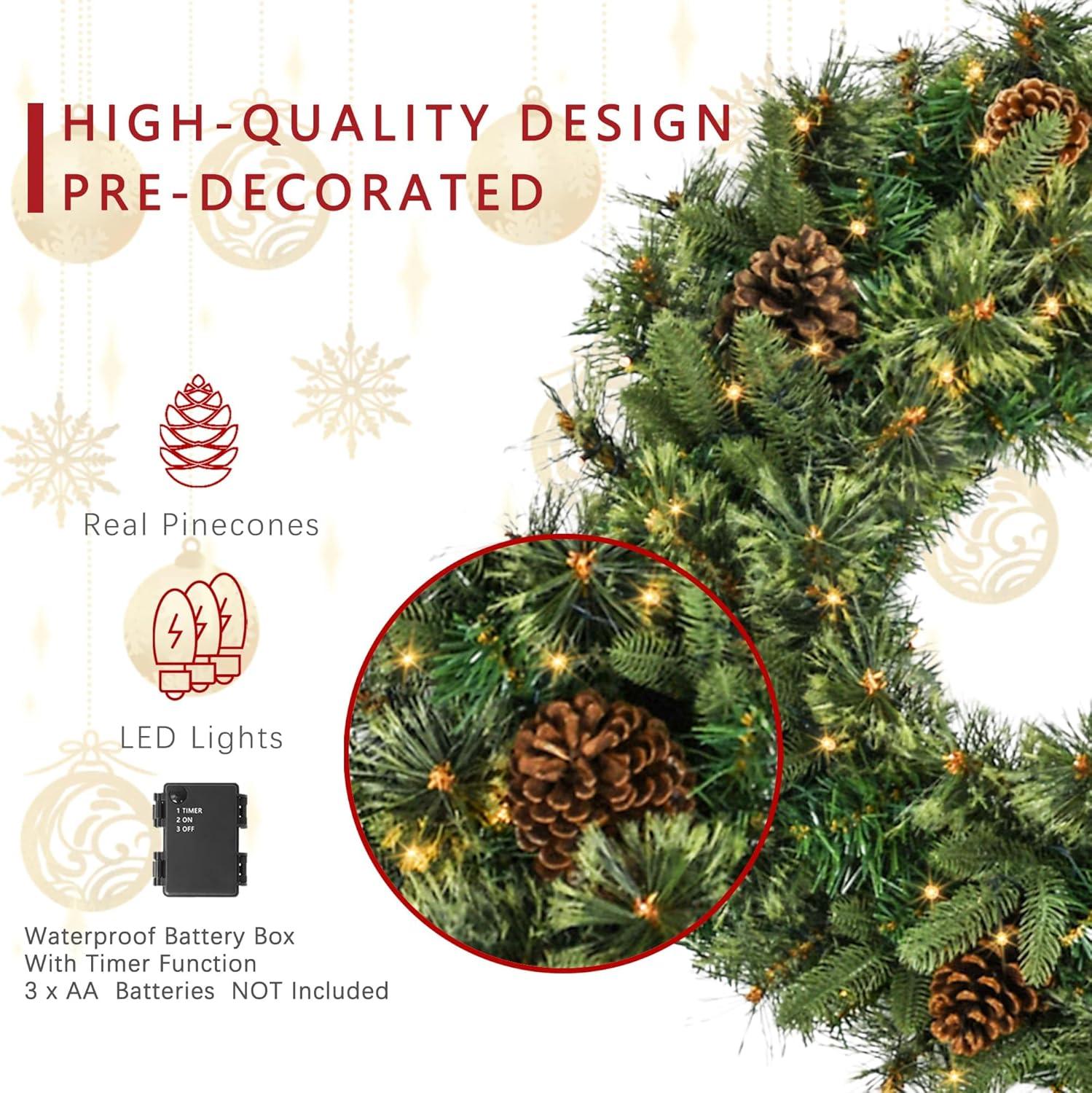 Jeco 24" Christmas Wreath with Pine Needles and Lights in Multi-Color