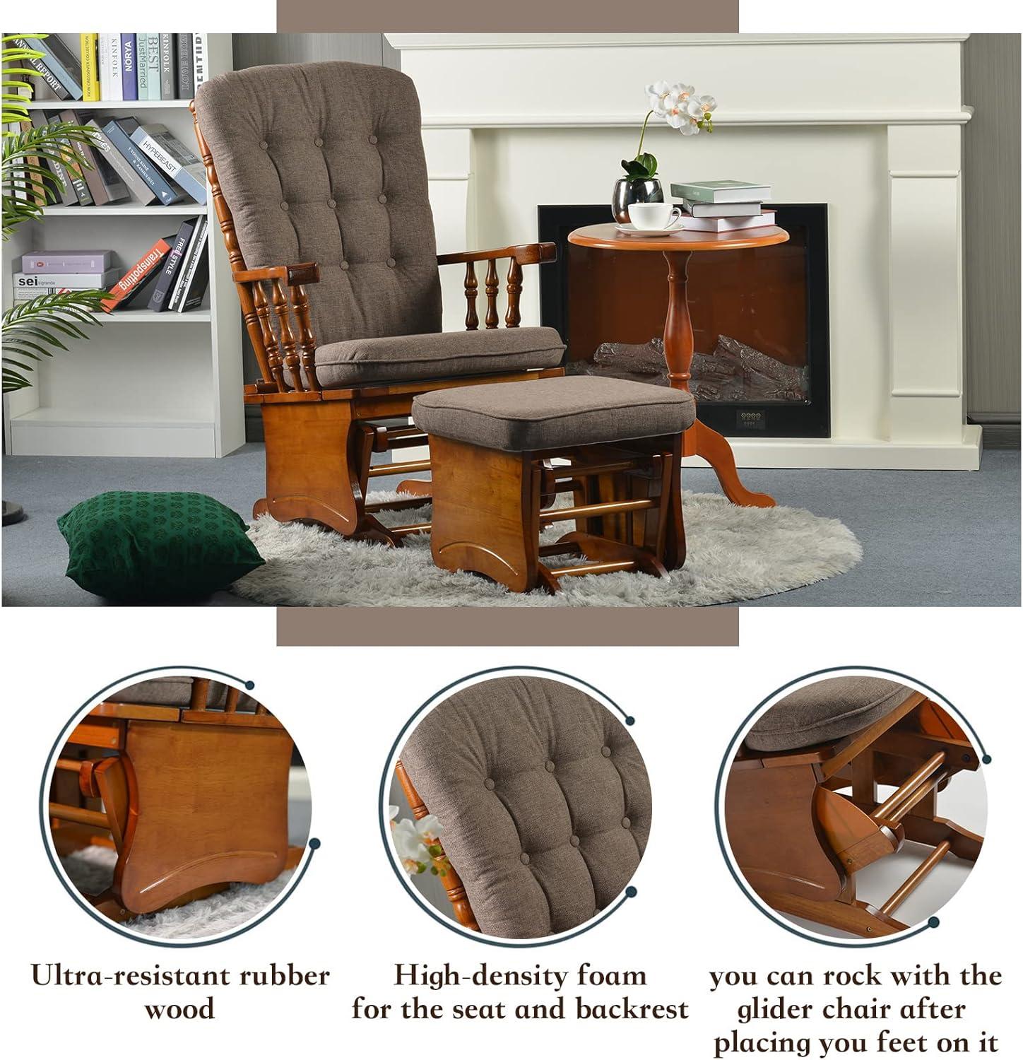 Anti-Pinch Hand Glider Chair for Nursery with Ottoman, Resistant Rubber Wood Glider Rocking Chair Sets for Nursing, Relaxing, Living Room, Bedroom, Antique Brown