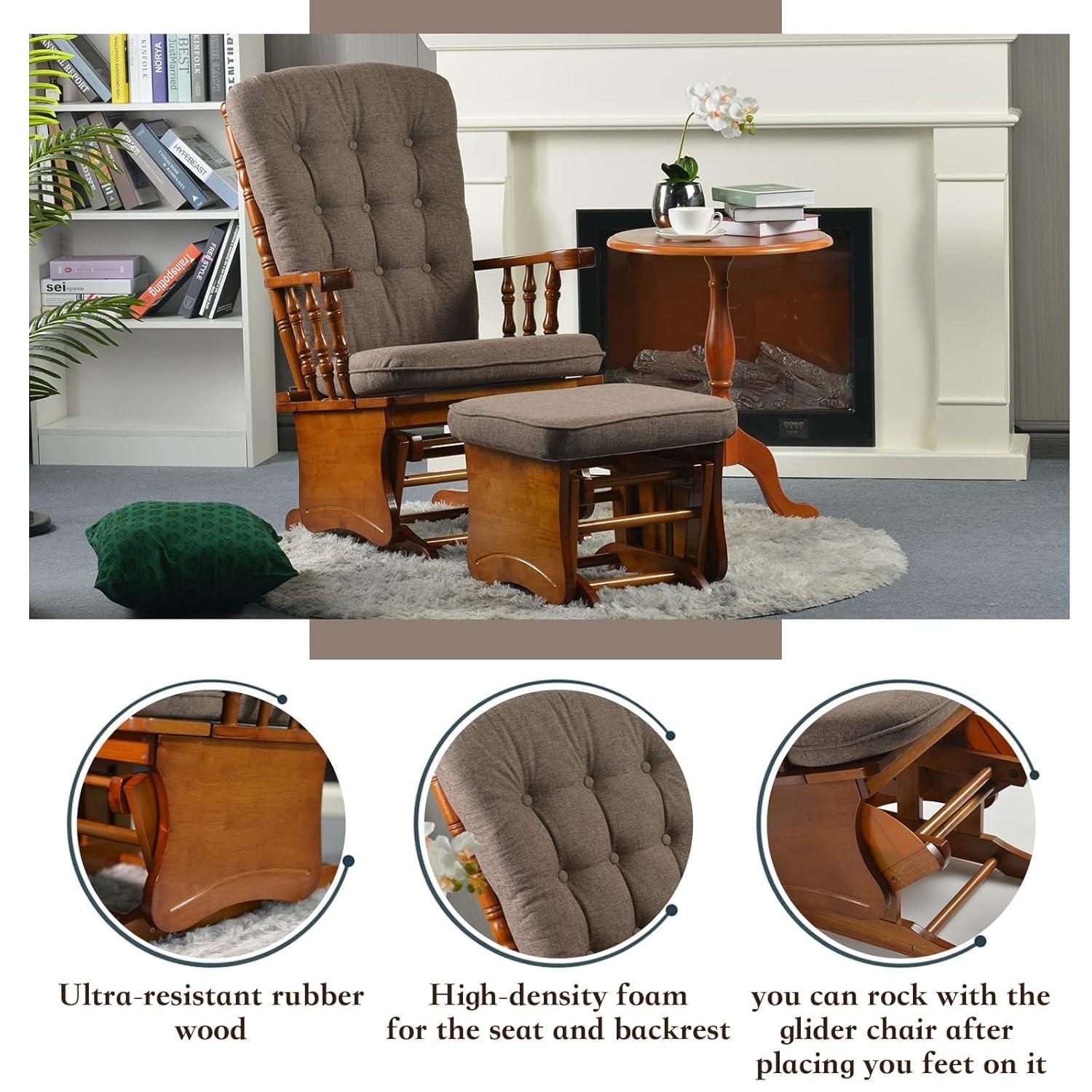 Anti-Pinch Hand Glider Chair for Nursery with Ottoman, Resistant Rubber Wood Glider Rocking Chair Sets for Nursing, Relaxing, Living Room, Bedroom, Antique Brown