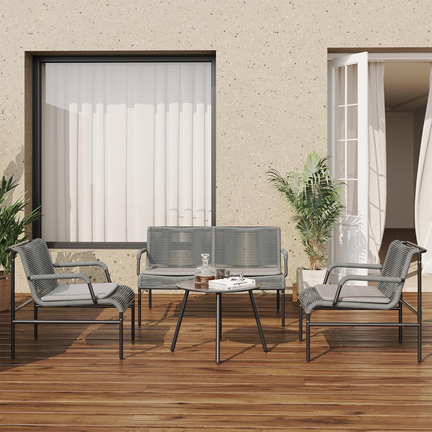 4 Piece Outdoor Furniture Set with PE Wicker Rattan Chairs and Coffee Table