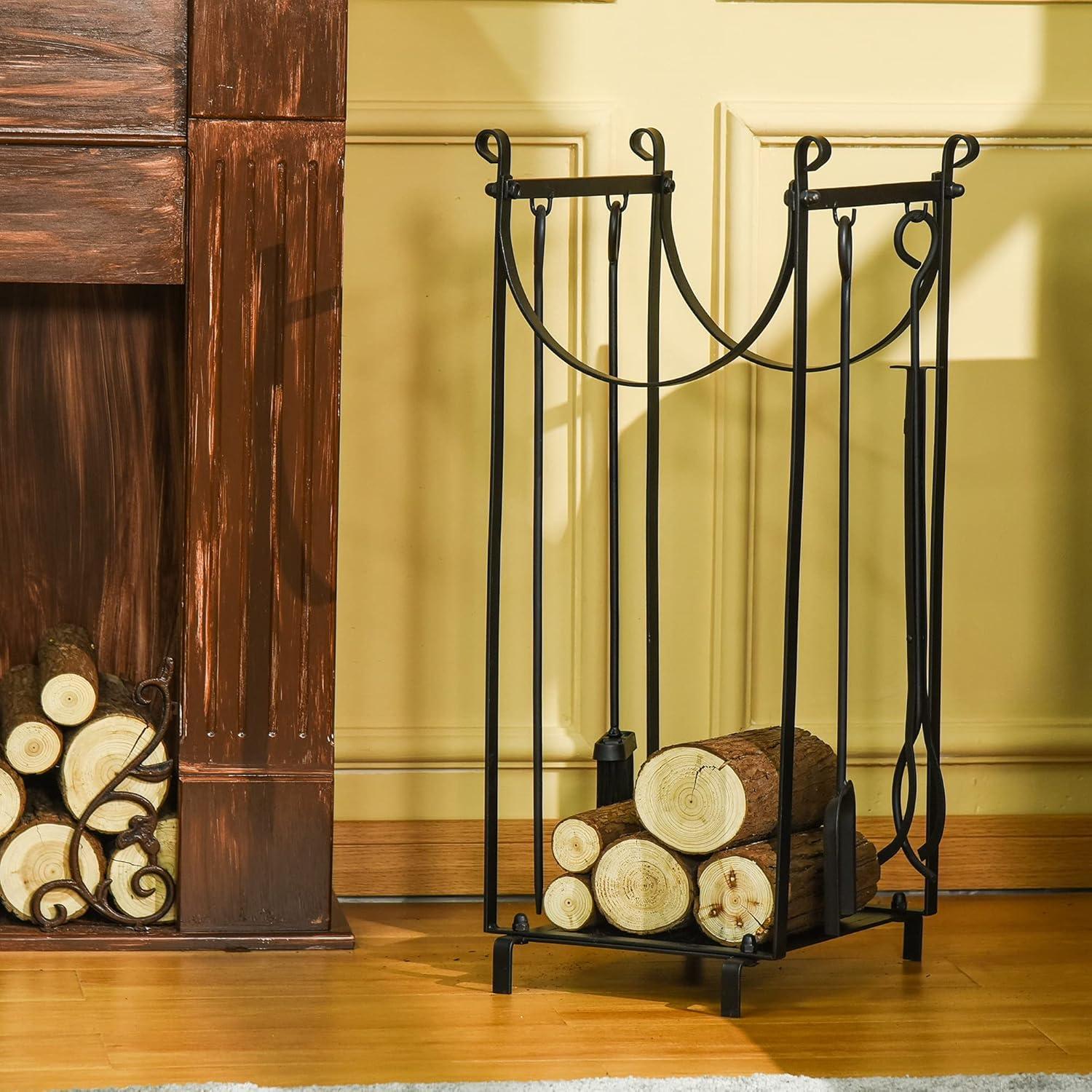 Black Powder Coated 2-Tier Firewood Rack with Tools