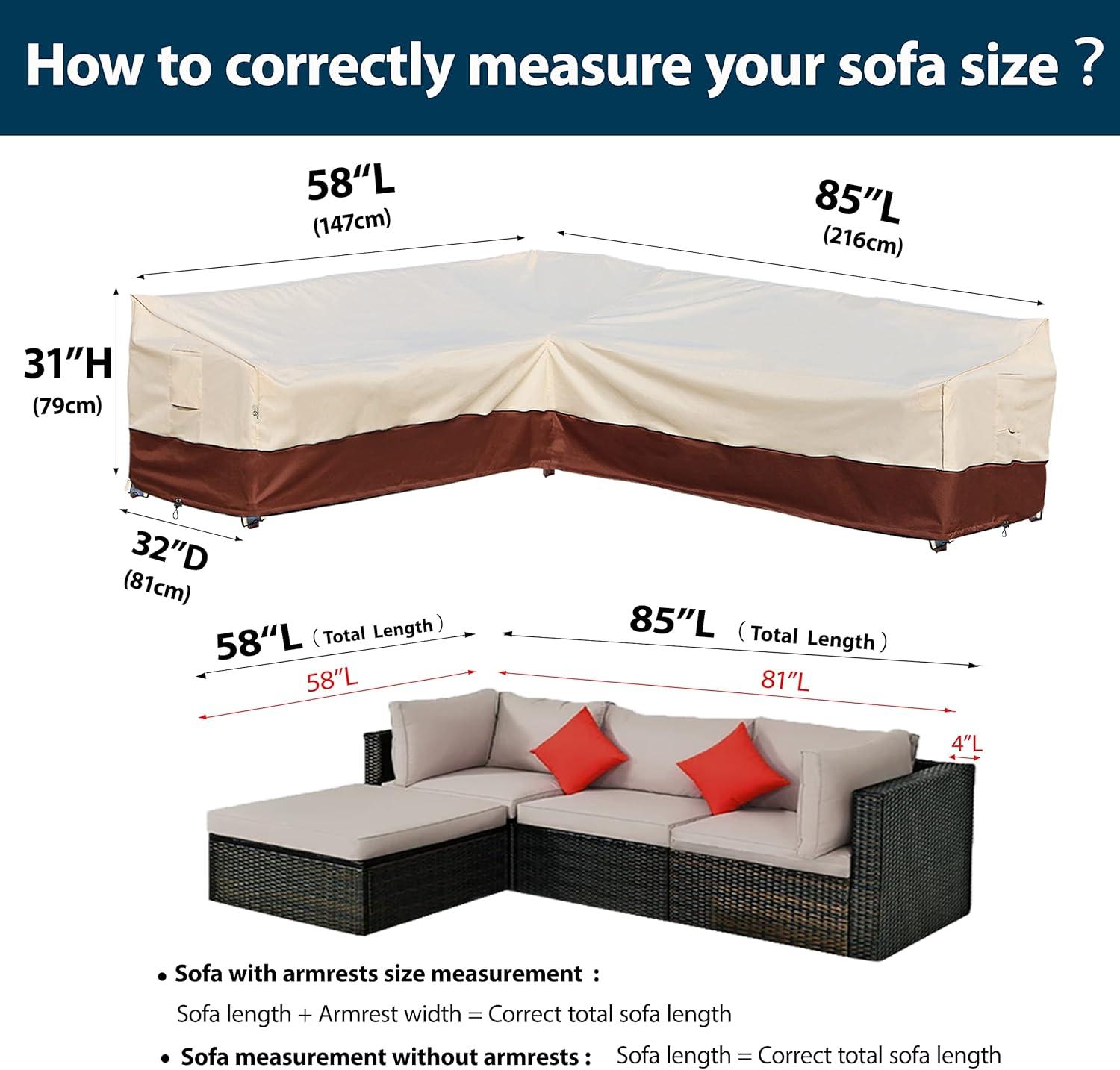 Outdoor Sectional Cover-V-Shaped Garden Patio Furniture Covers Waterproof Rip-Stop Anti-UV 600D Heavy Duty Outdoor Couch Cover with 3 Air Vents Sofa Cover 85''L 33.5''D 31''H,Beige & Reddish Brown