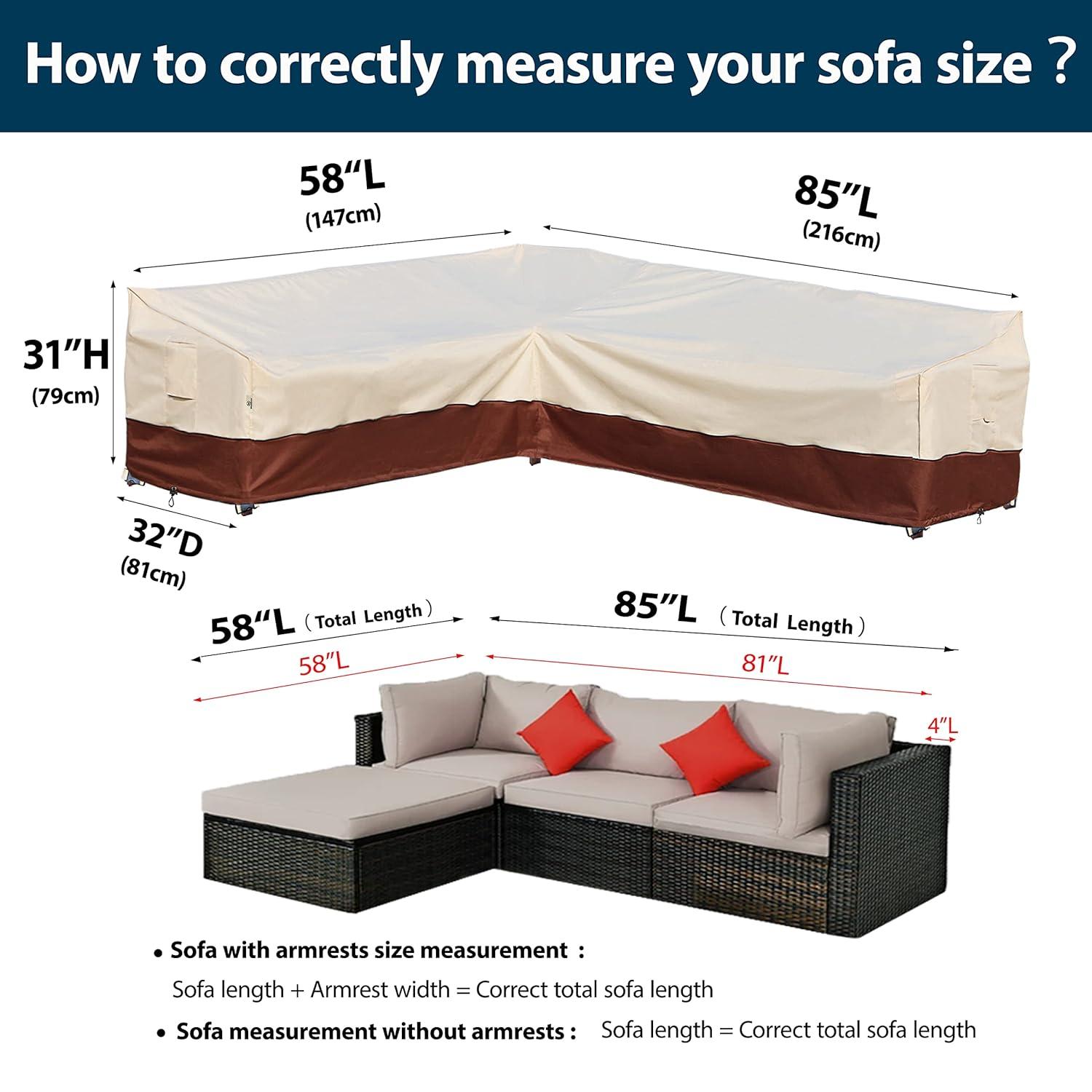 Outdoor Sectional Cover-V-Shaped Garden Patio Furniture Covers Waterproof Rip-Stop Anti-UV 600D Heavy Duty Outdoor Couch Cover with 3 Air Vents Sofa Cover 85''L 33.5''D 31''H,Beige & Reddish Brown