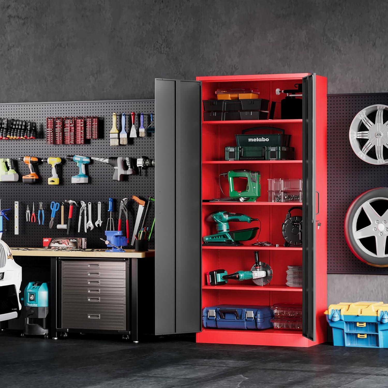 Red Black Steel Lockable Office Storage Cabinet with Adjustable Shelves