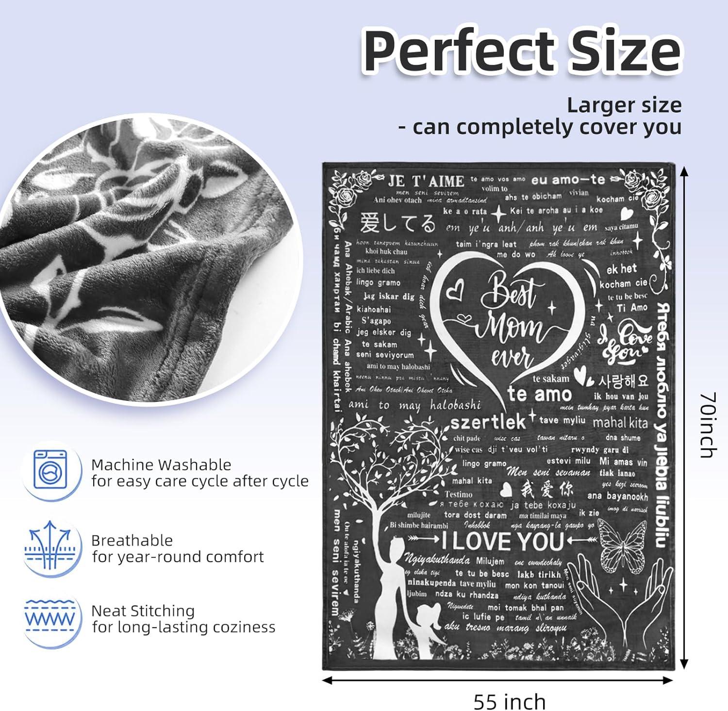 Gifts for Mom Wife Valentines Day Throw Blanket Gifts for Grandma, Best MOM Ever Surrounded by Heart Shape with 100 Languages I Love You Blanket, Mom Gifts Christmas Mother‘s Day 60''x70''