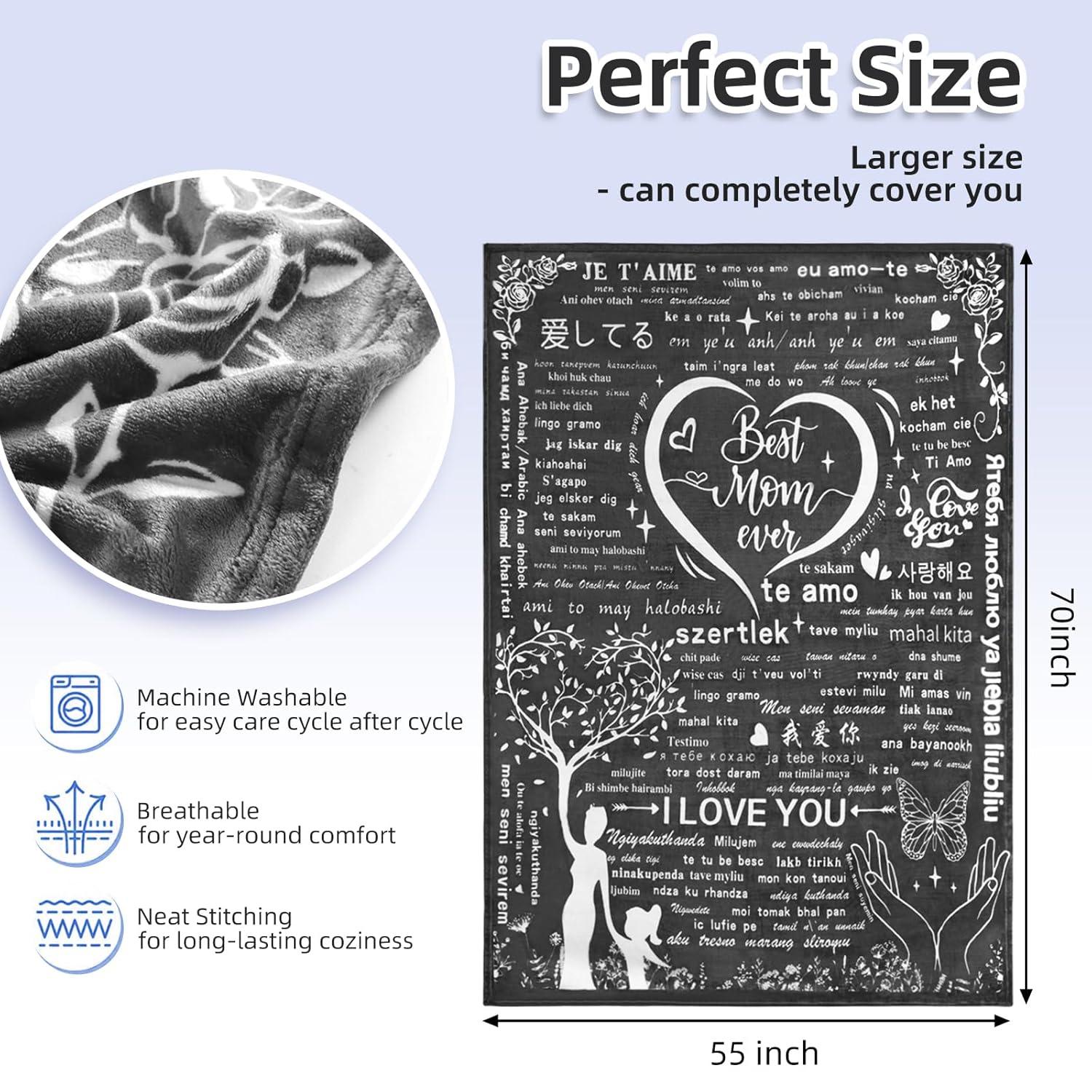 Gifts for Mom Wife Valentines Day Throw Blanket Gifts for Grandma, Best MOM Ever Surrounded by Heart Shape with 100 Languages I Love You Blanket, Mom Gifts Christmas Mother‘s Day 60''x70''