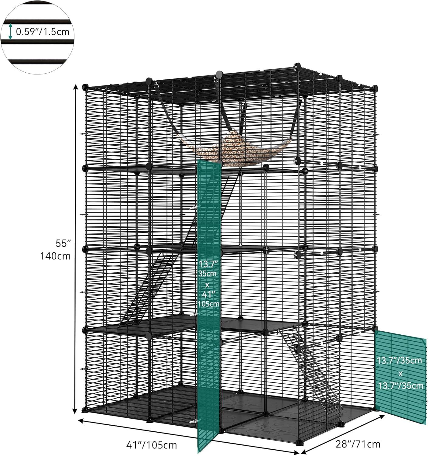 Dextrus Cat Cage Indoor Large with Hammock 4 Tier Outdoor Cat Enclosure Catio Metal Kennels for 1-3 Cats, DIY Detachable Pet Playpen, Black