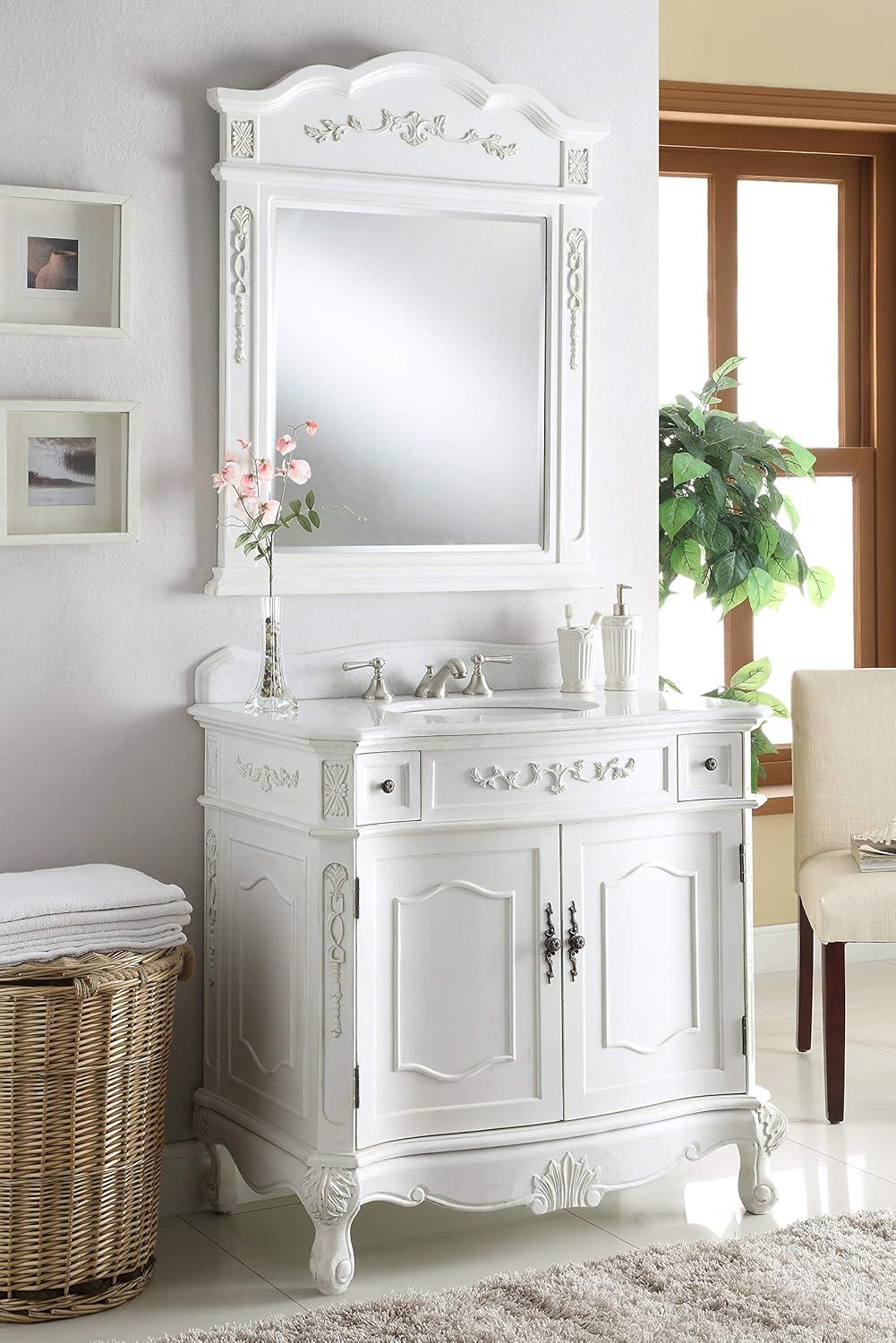 36" Benton Collection Fairmont Classic Vintage Antique White Bath Vanity with Mirror BC-3905W-AW-36-BS-MIR