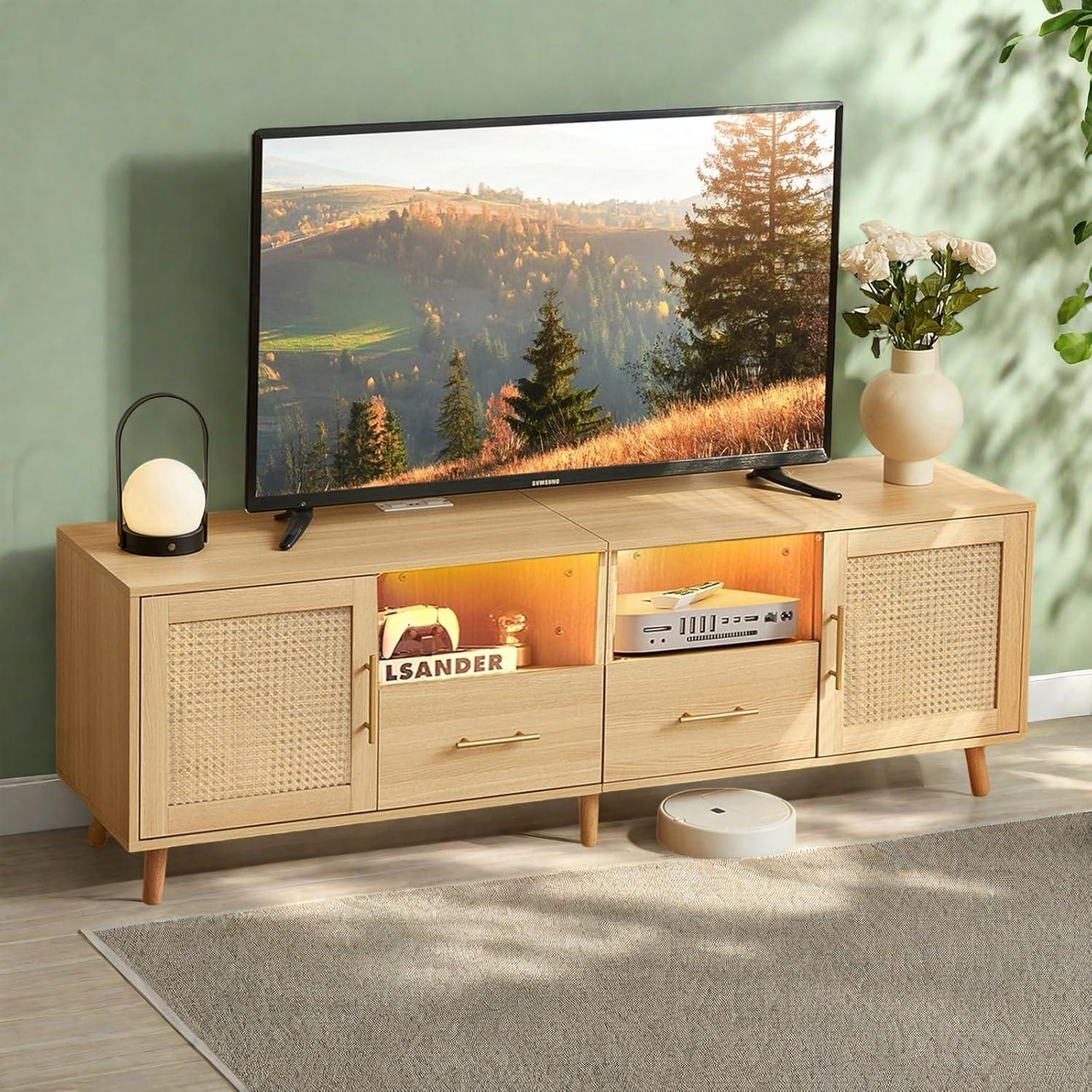 Bay Isle Home™ Heyer Large Wood Rattan TV Stand for TVs up to 75" with LED Light and Charging Station, Coastal Media Console Table, Multimedia Storage Furniture with 2 Drawers, Lighting TV Cabinet  & Reviews | Wayfair