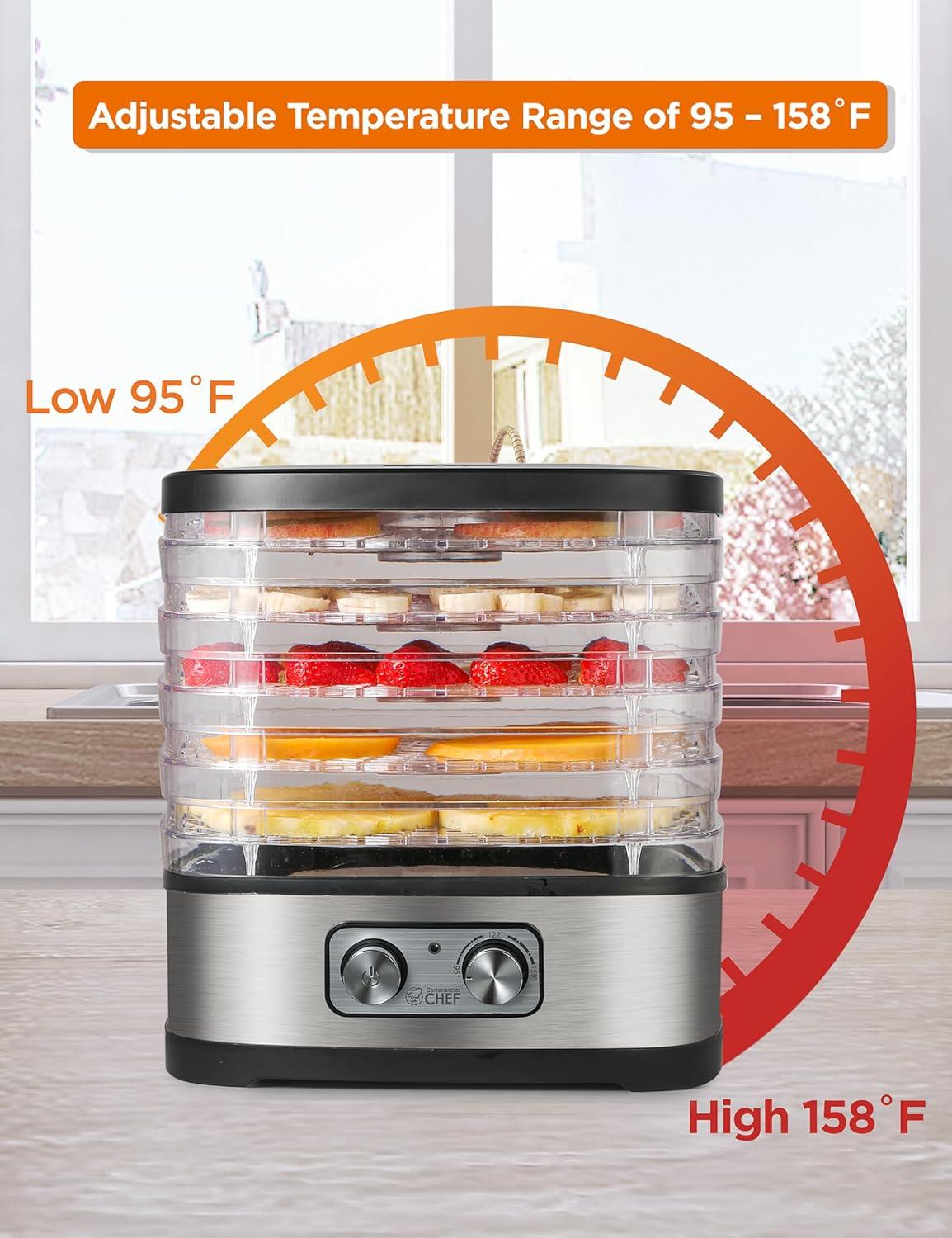 COMMERCIAL CHEF Food Dehydrator with 5 Adjustable Height Trays, Stainless Steel