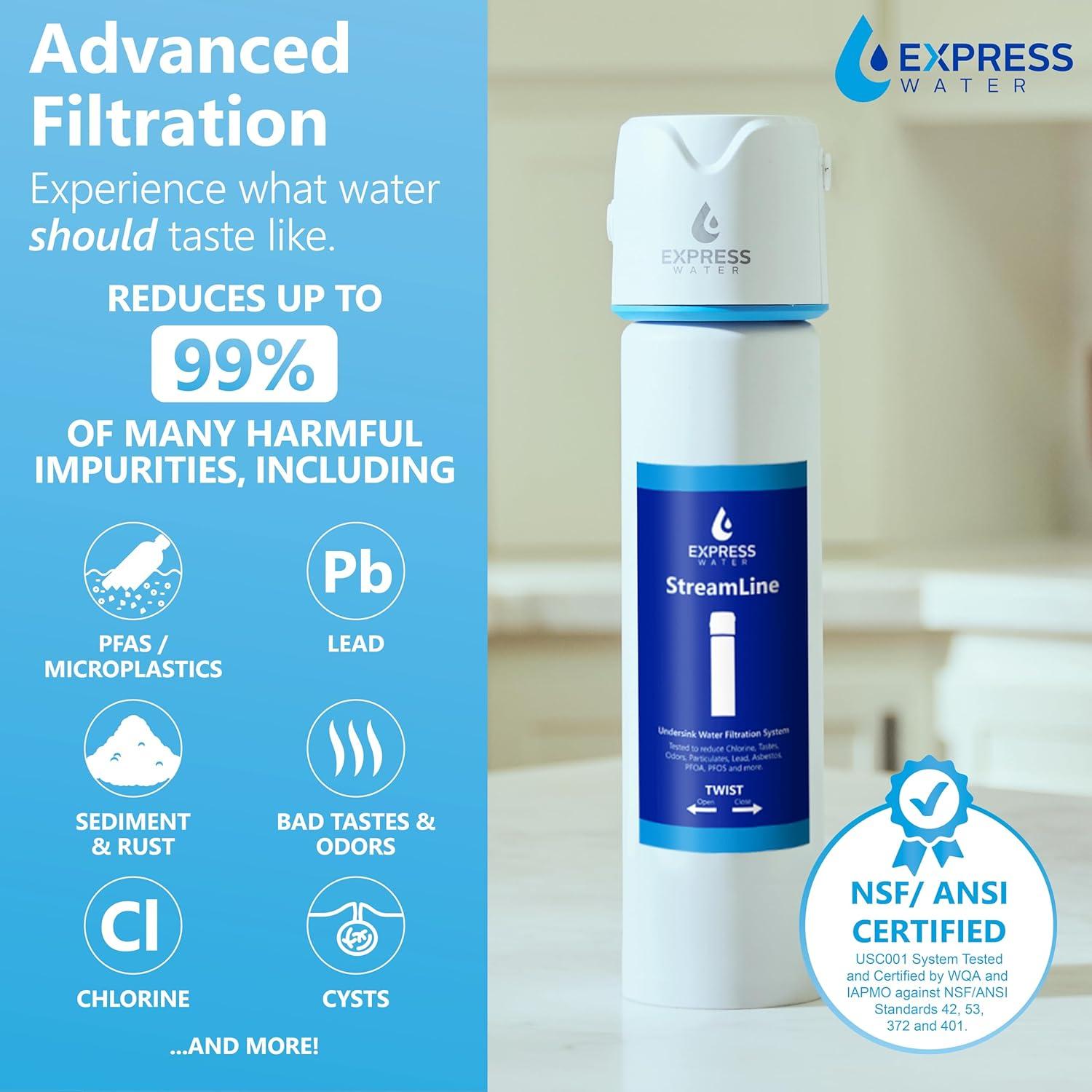 Express Water StreamLine USC001 Under Sink Water Filter System, Reduces PFAS, PFOA/PFOS, Lead, Chlorine, Under Counter Water Filter Direct Connect to Kitchen Faucet NSF/ANSI 42, 53, 372, 401 Certified