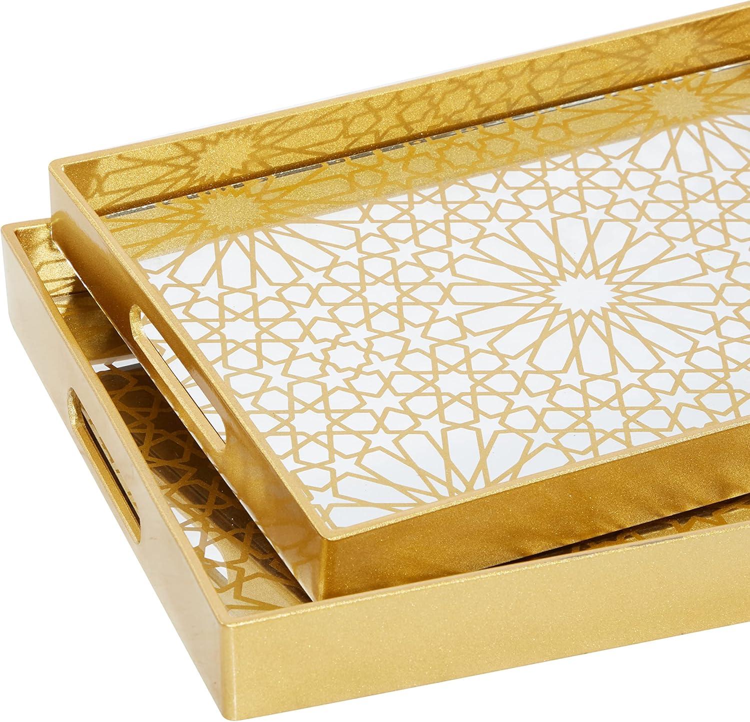 CosmoLiving by Cosmopolitan 16", 14"W Gold Plastic Mirrored Geometric Tray, 2-Pieces