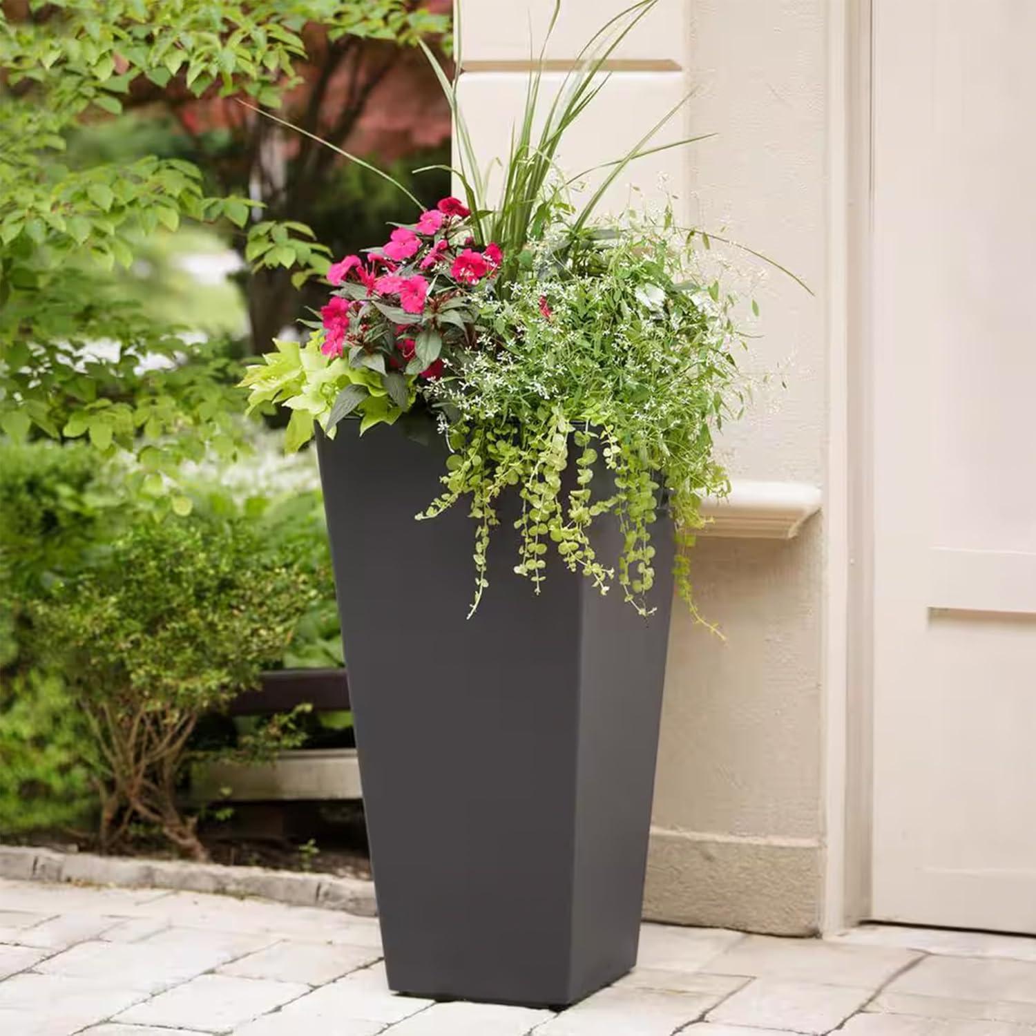 Tierra Verde 2pc Sonata Tall Square Indoor Outdoor Self-Watering Planter Pots Black 15"x28"