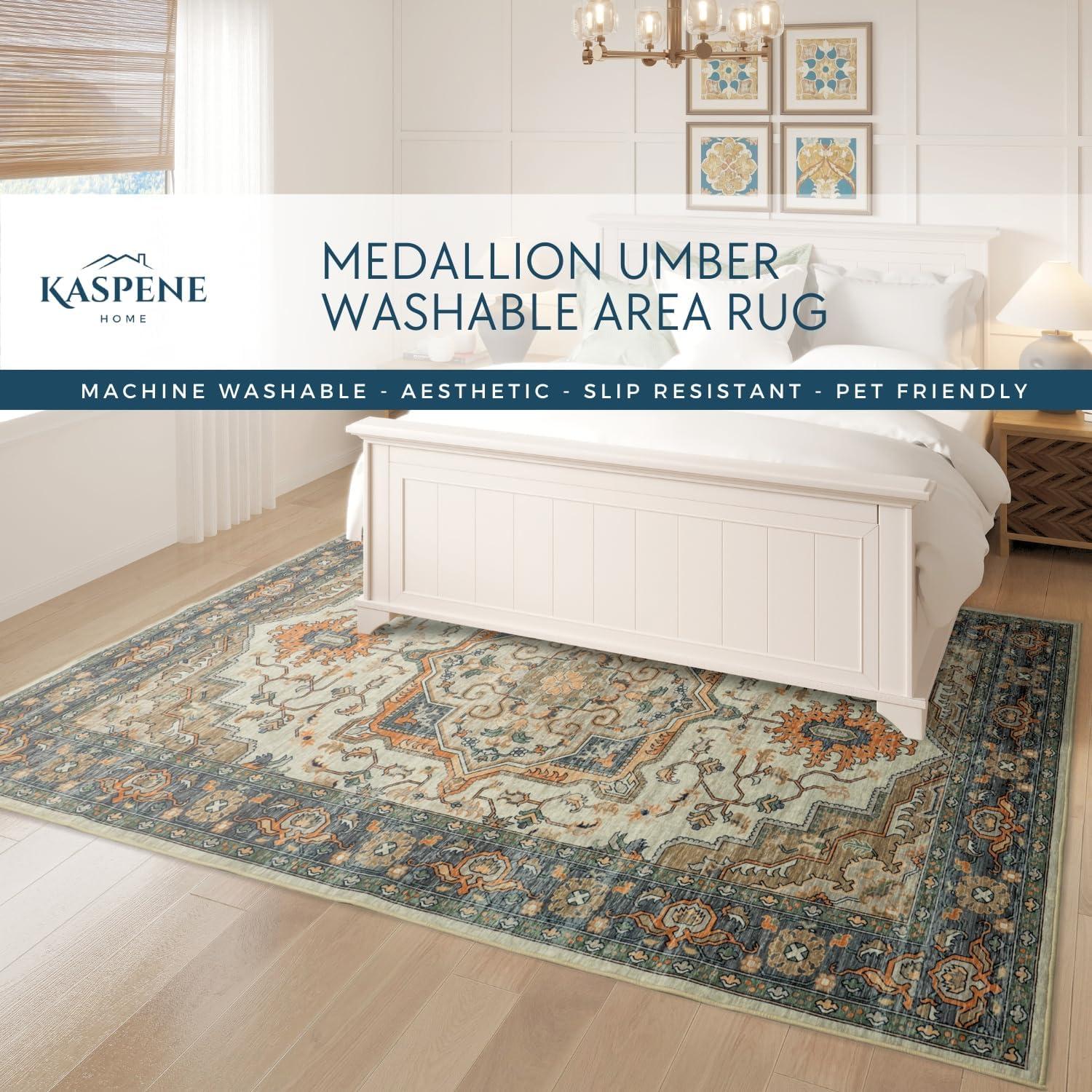 Umber Washable Medallion Rug in Cider Brown and Blue, 5x8