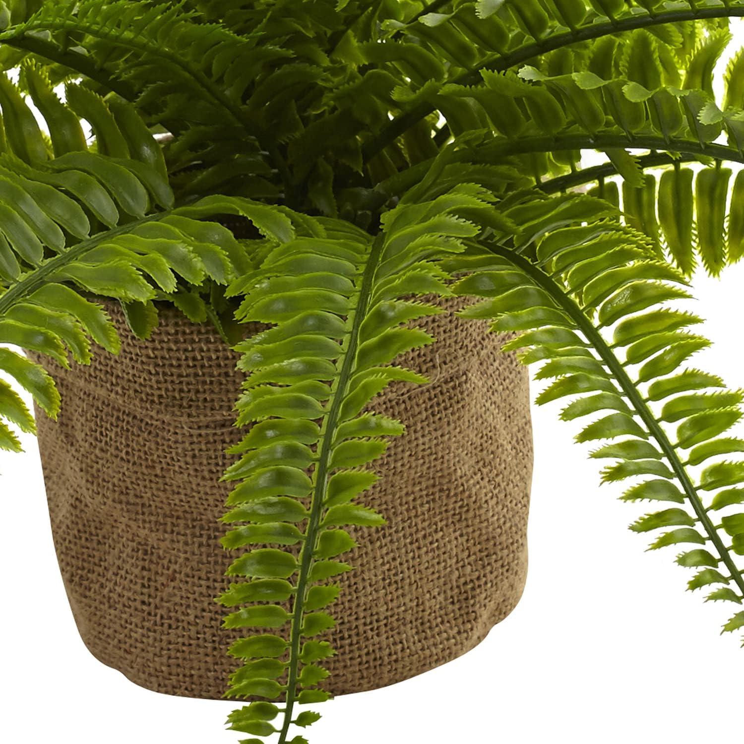 Nearly Natural 6814-S2 15in. Boston Fern with Burlap Planter (Set of 2) Silk Plants Green