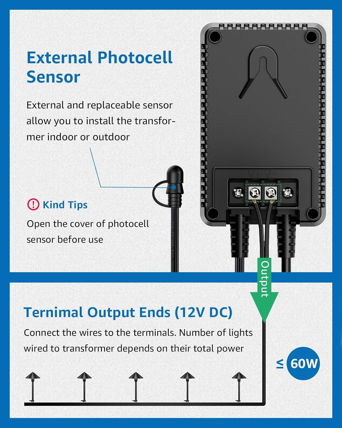 SUNVIE 60W Low Voltage Landscape Transformer with Timer and Photocell Sensor, 120V AC to 12V DC Landscape Lighting Transformer Weatherproof Low Voltage Transformer for Landscape Lights Pathway Lights