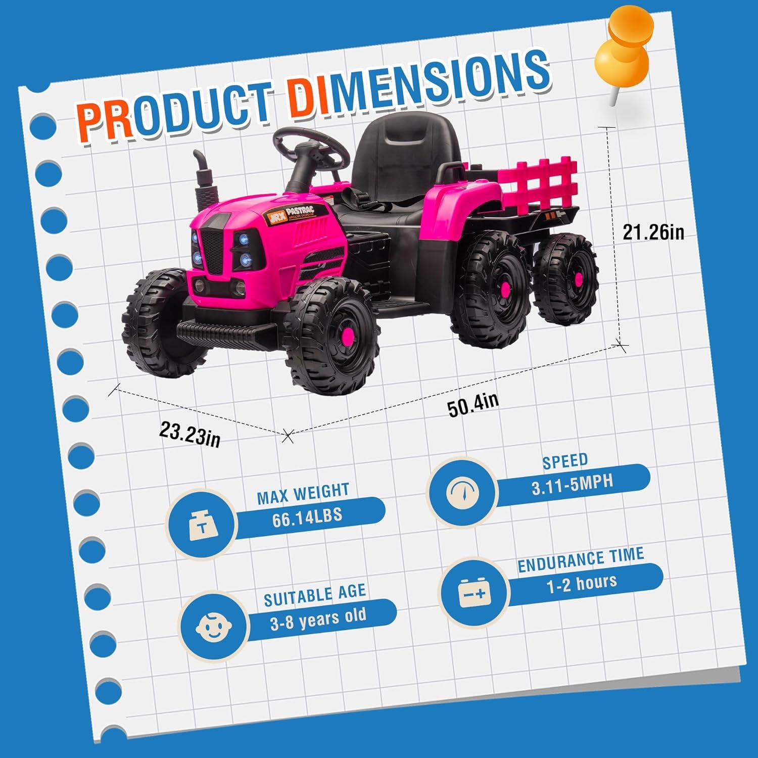 24V 400W Powered Electric Tractor for Kids, 3-Speed Ride On Tractor with Remote Control, USB/MP3/Bluetooth, LED Lights, Safety Belt, 1.86-4.97 MPH，Green