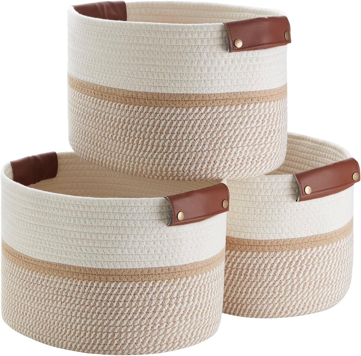 3 Pack Woven Cotton Rope Shelf Storage Basket with Leather Handles, Baby Nursery Storage Bin Organizers, Closet Shelf Storage - 15 x 10 x 9