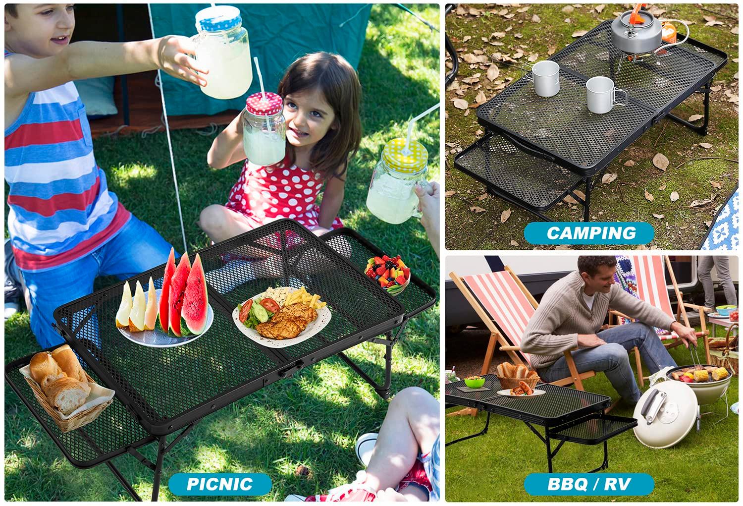 Small Low Camping Table with 2 Wing Panels, Folding Low Picnic & Outdoor Table with 2 Shelves, Lightweight & Easy Carry for Beach, Fishing, Sturdy Steel Mesh Top (3 FT, Black)