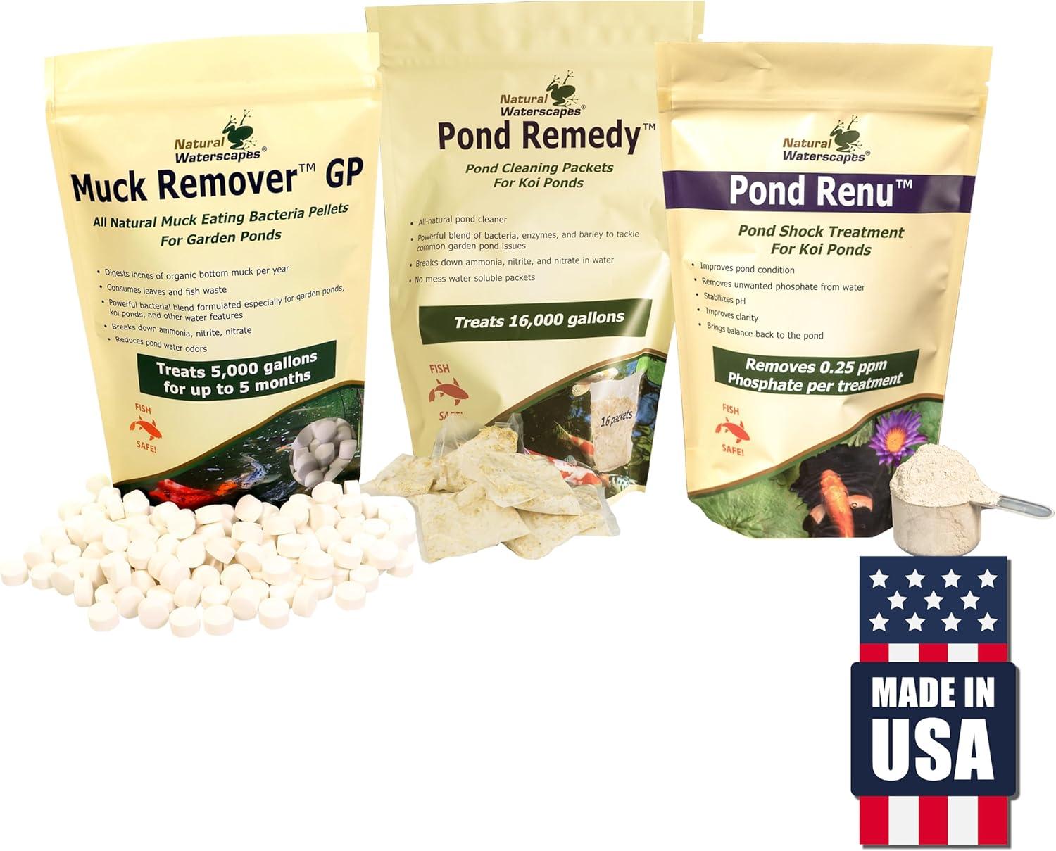 Koi Pond Maintenance Kit | Natural Pond Clarifier, Detoxifier, Sludge Remover for Backyard Pond | Includes Muck Remover GP, Pond Remedy, and Pond Renu