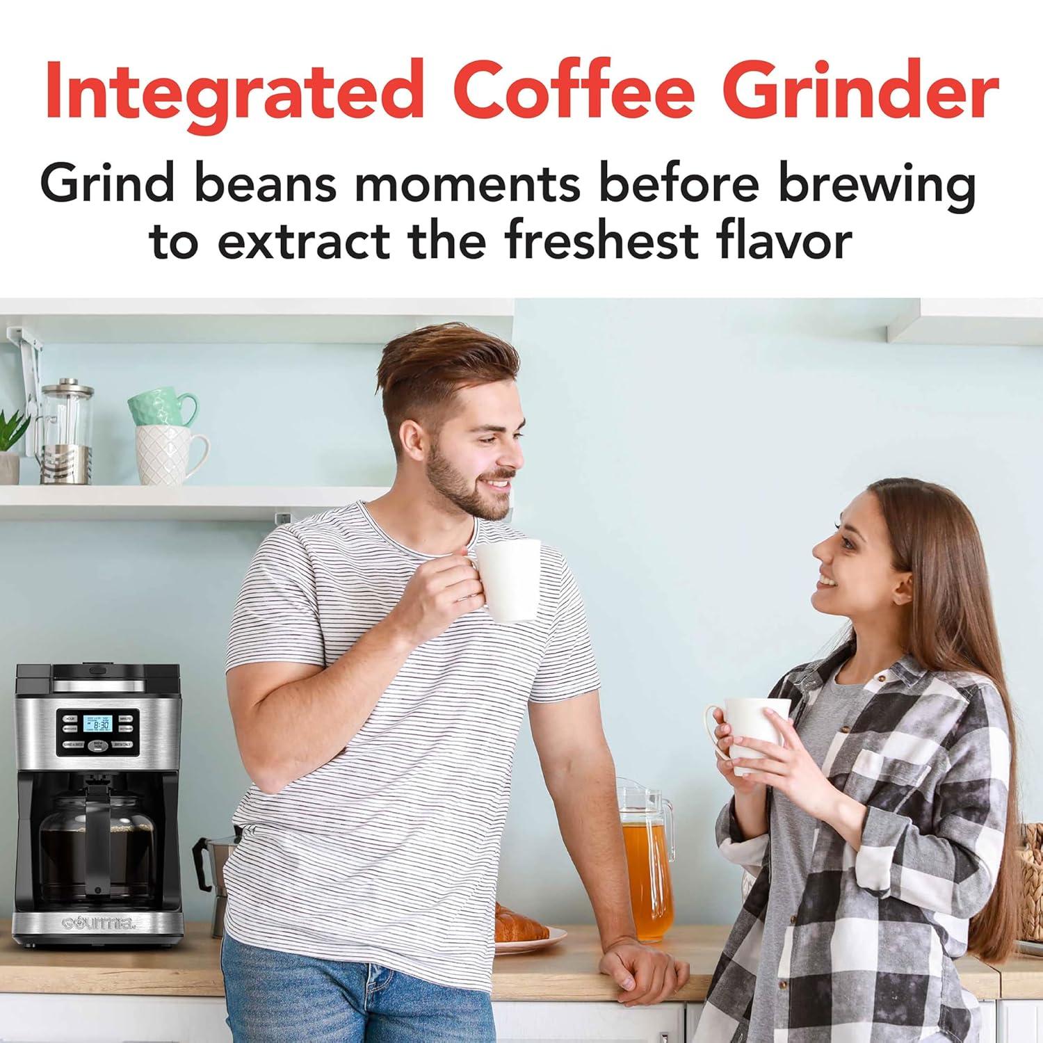 Gourmia 12-Cup Programmable Grind & Brew Coffee Maker: Stainless Steel, Dishwasher-Safe Parts