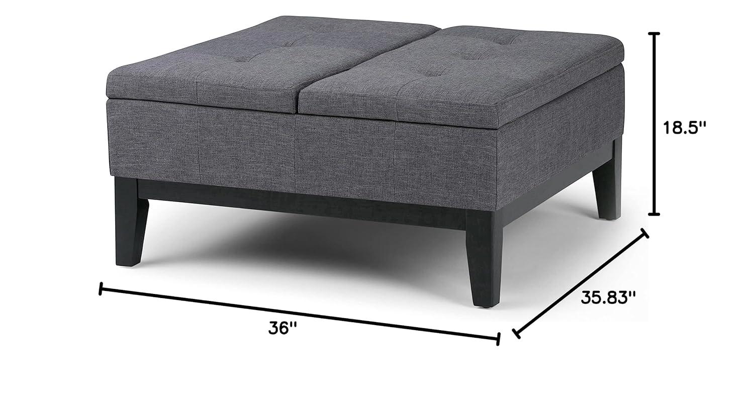 Simpli Home Dover 36"W Upholstered Square Coffee Table Storage Ottoman with Split Tufted Lift Top