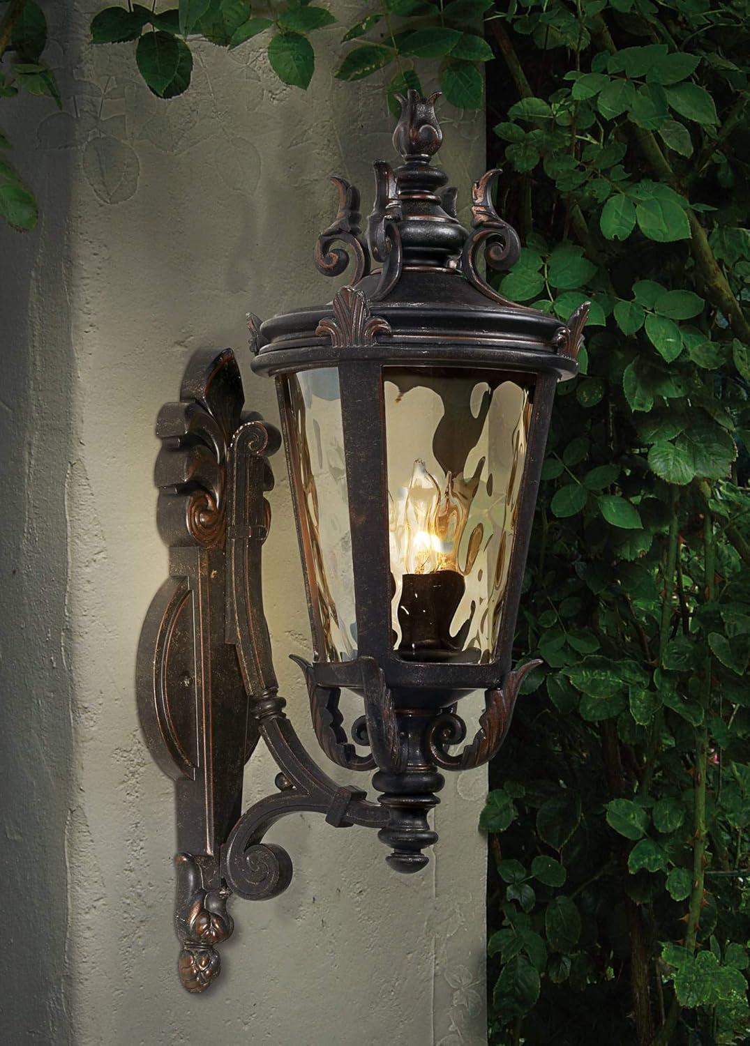 John Timberland Casa Marseille Vintage Rustic Outdoor Wall Light Fixture Veranda Bronze Scroll 22" Champagne Hammered Glass for Post Exterior Barn