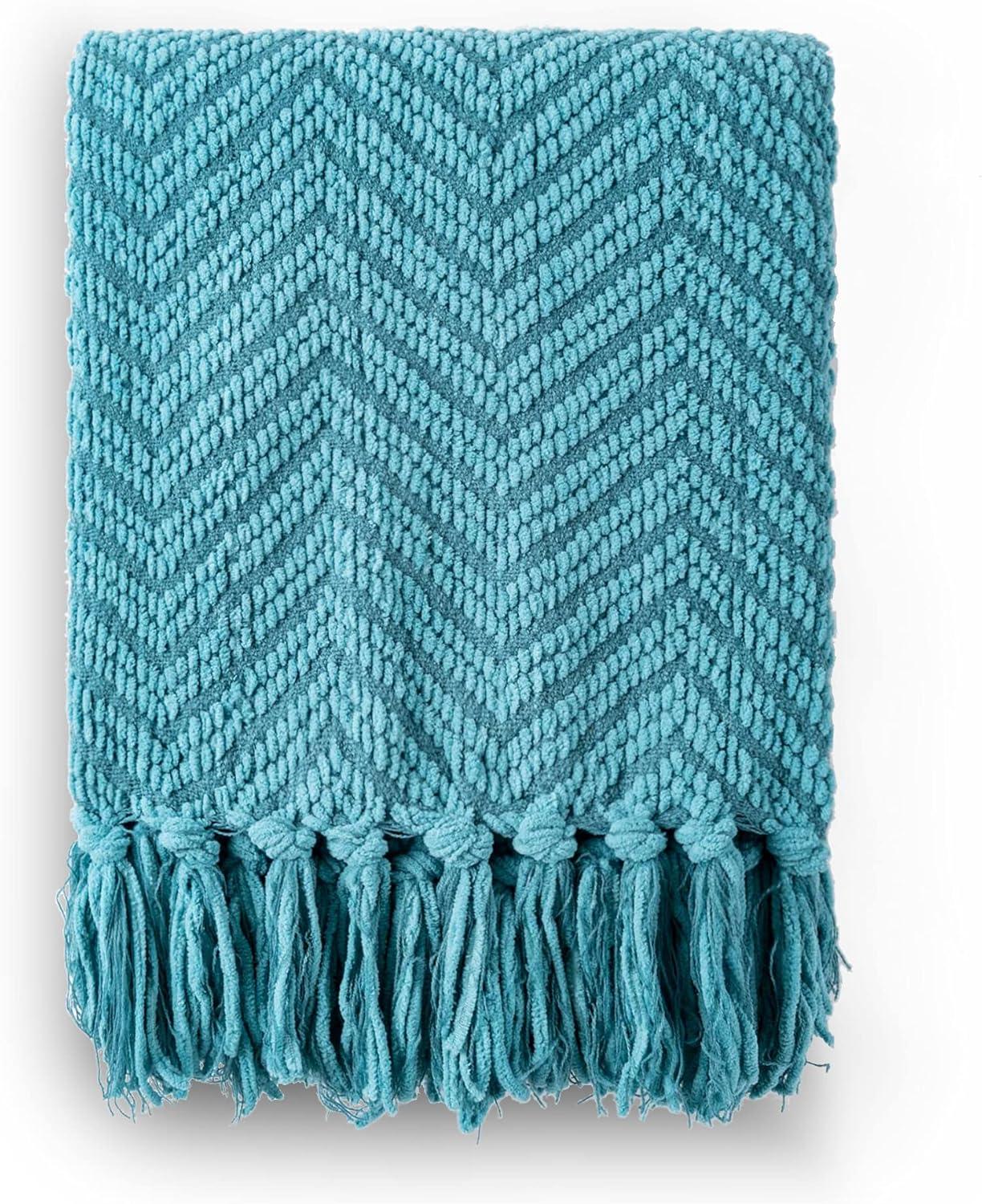 Teal Knitted Zig-Zag Throw Blanket with Tassels, 50"x60"