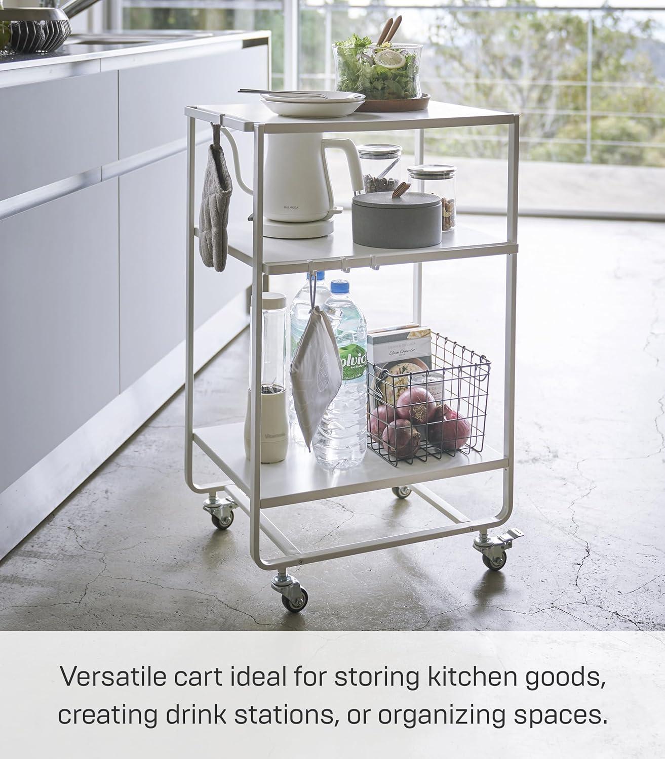 Sleek White 3-Tier Rolling Kitchen Cart with Storage Hooks