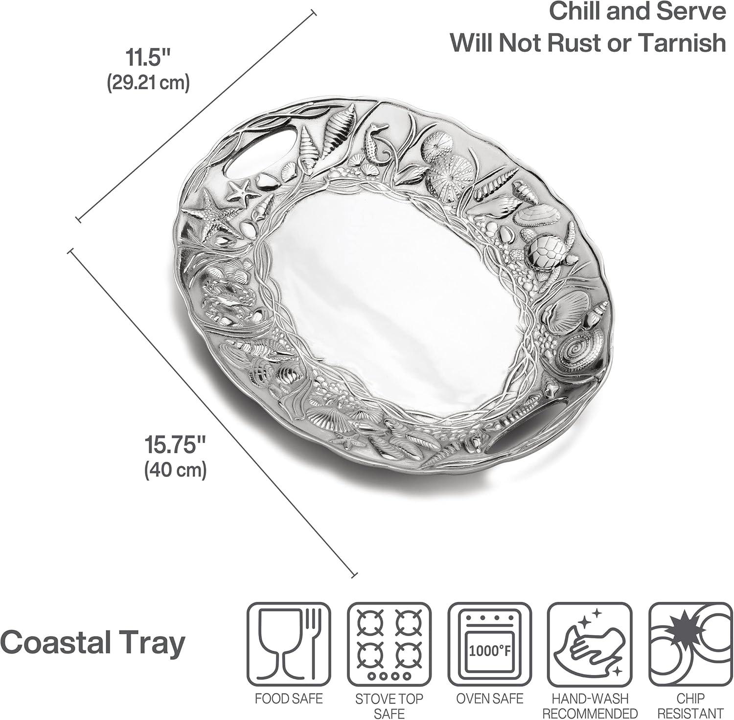 Coastal Silver Alloy Handle Tray with Ocean Motifs