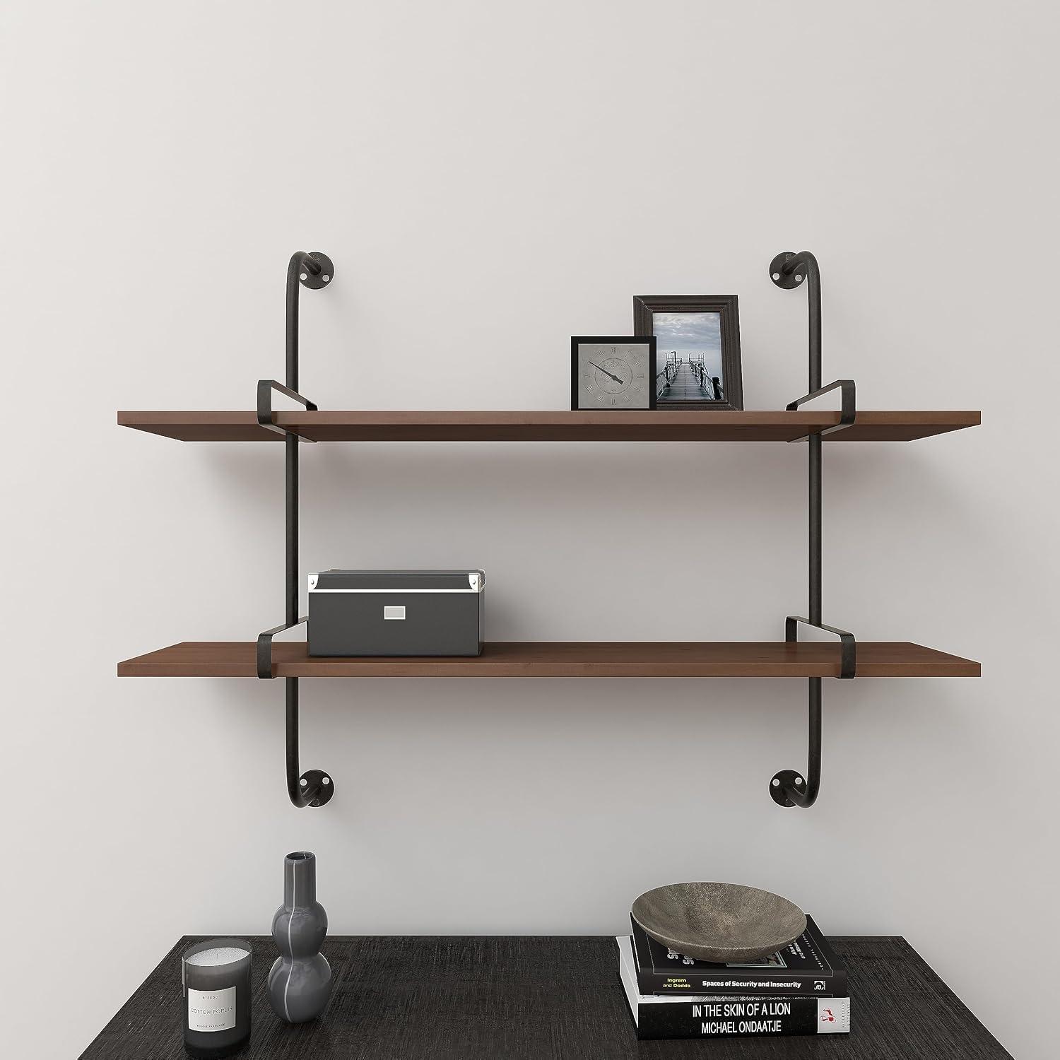 Brown Iron and Fir Wood 2-Tier Wall Shelf, 37" x 29"