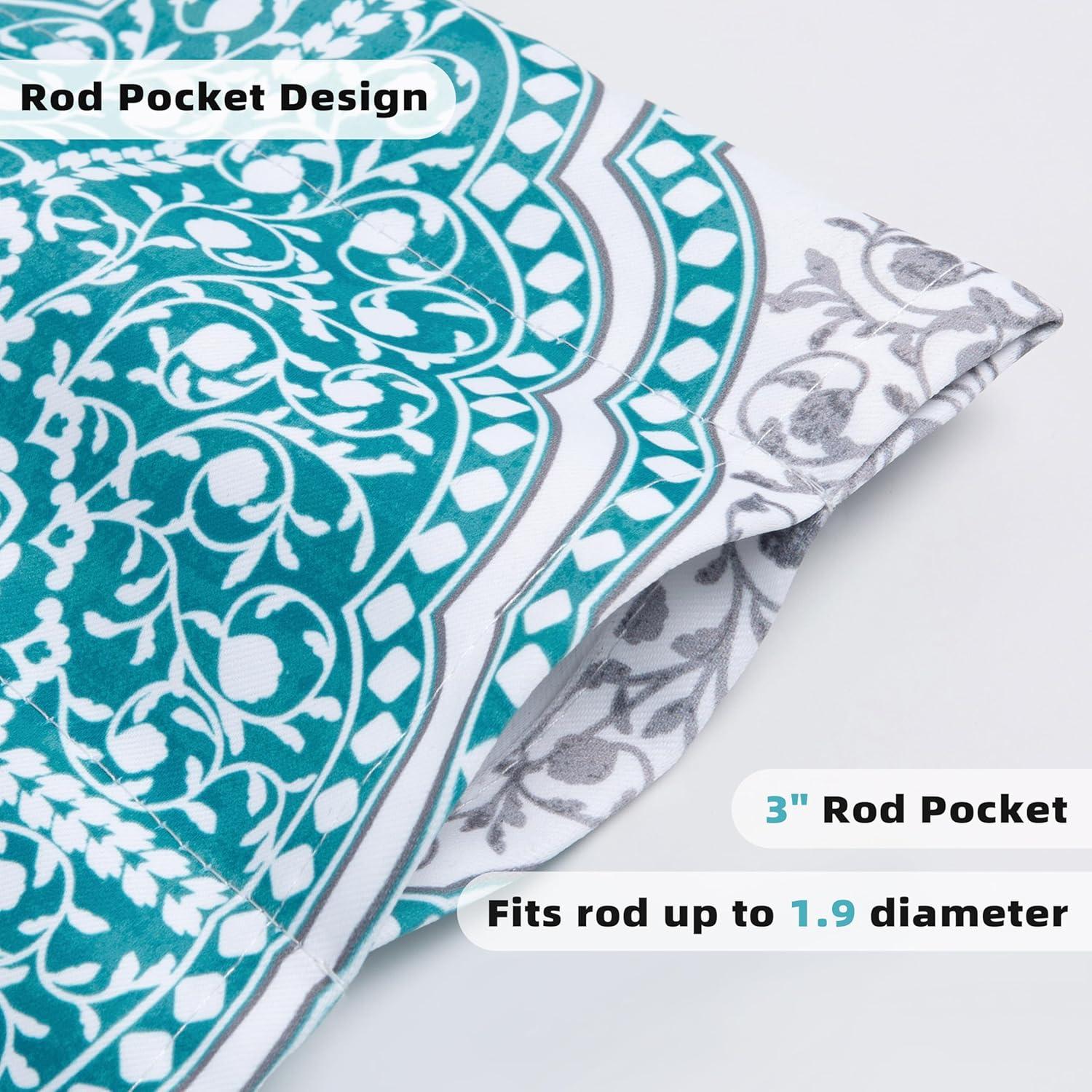 Adrianne Teal Blue Damask Floral Rod Pocket Valance