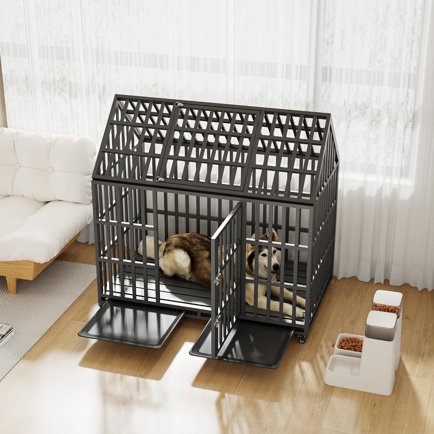 52" Heavy Duty Dog Crate Large Dog cage Strong Metal Dog Kennels and Crates for Large Dogs with 4 Lockable Wheels