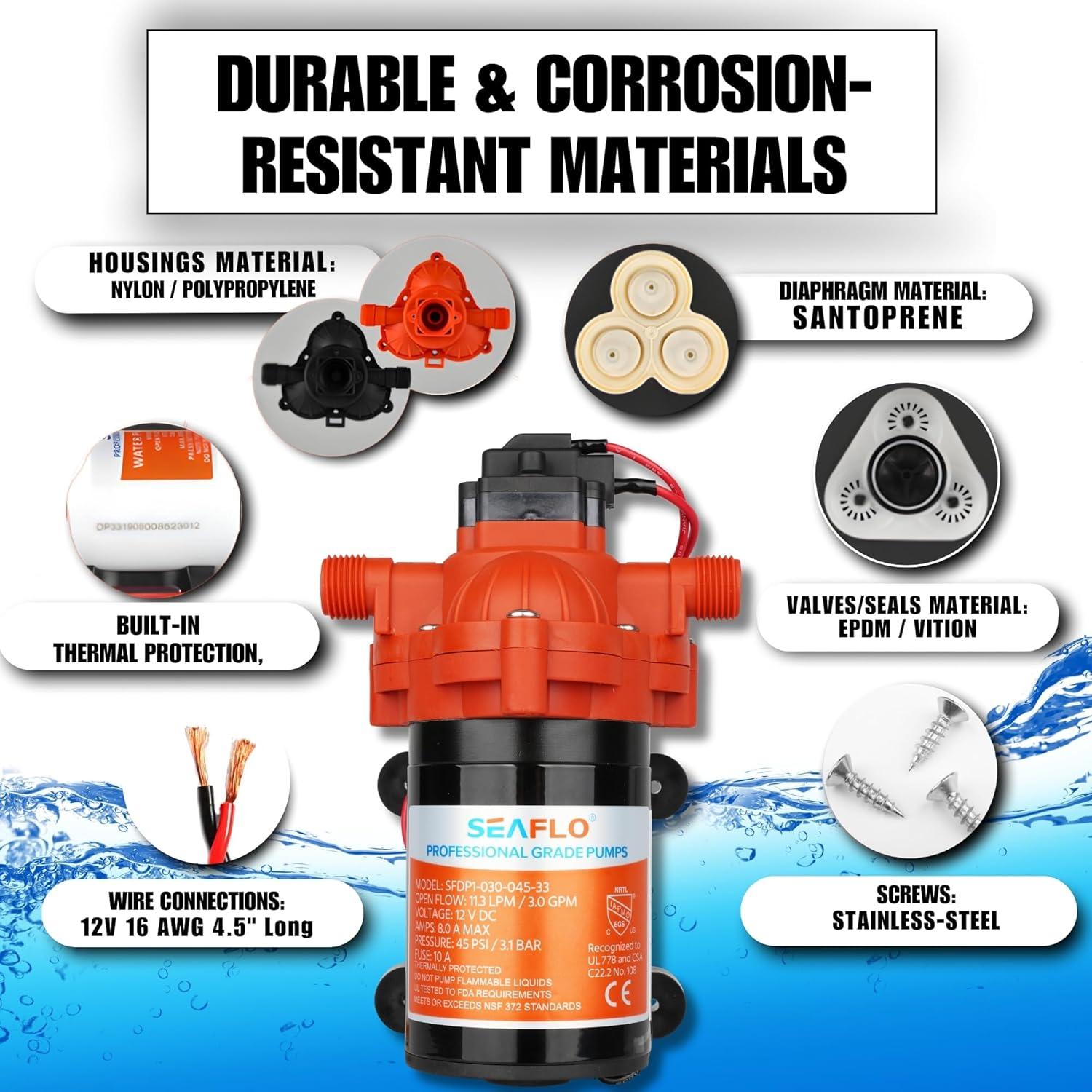 SEAFLO 123ABC, 3.0A, 12V, Orange and White, Diaphragm Self Priming Water Transfer Pump, 3.0 GPM