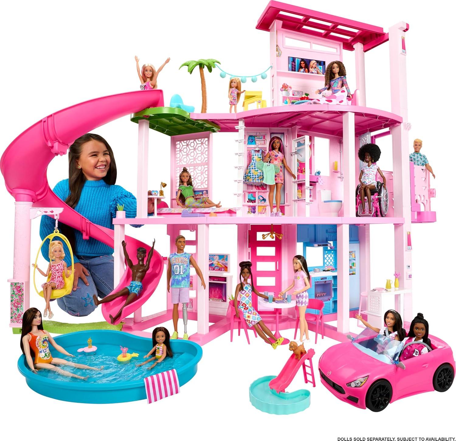 Barbie Dreamhouse Pool Party Doll House with 75+ pc, 3 Story Slide: Adult Assembly, Fits 12 Inch Dolls