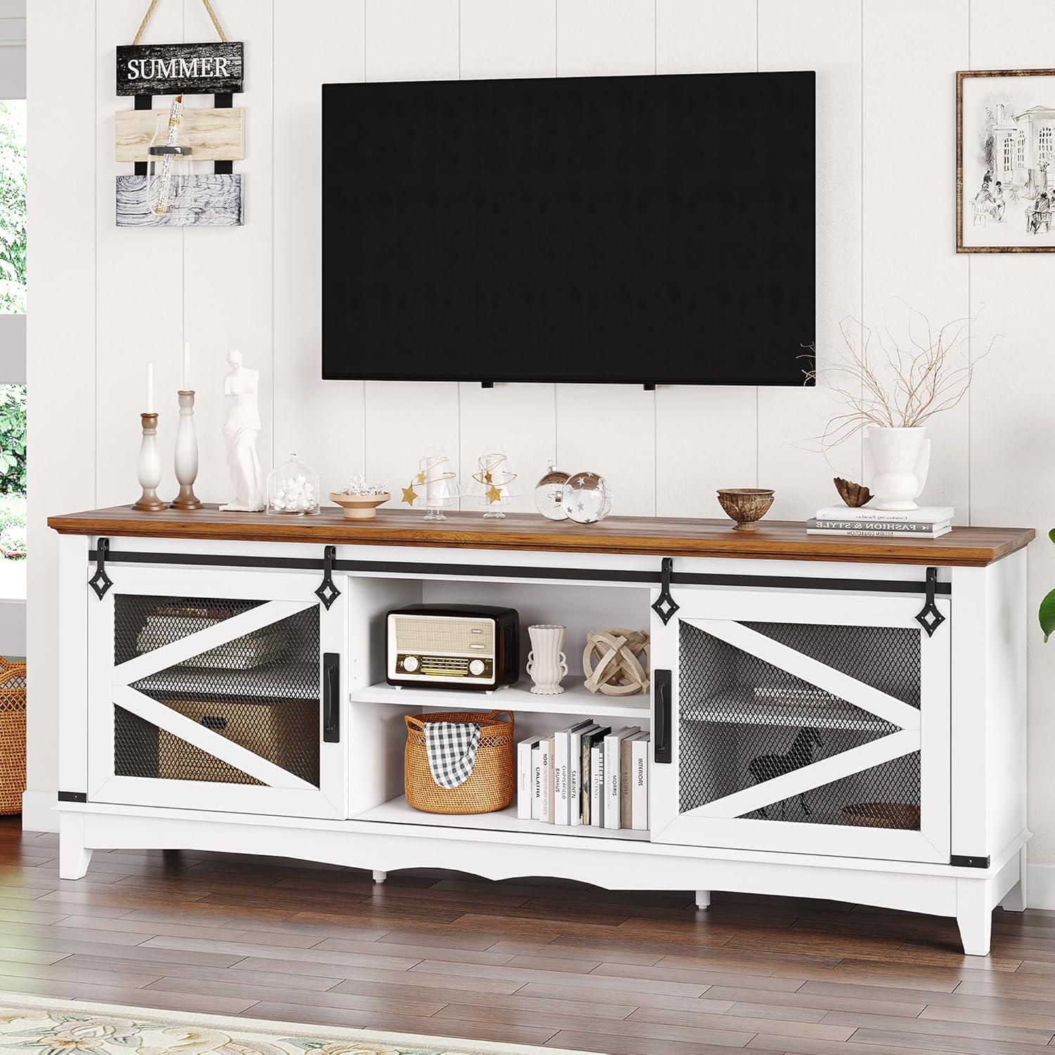 Farmhouse TV Stand with Sliding Barn Doors, TV Cabinet with Storage Shelf, Entertainment Center for 65" TV