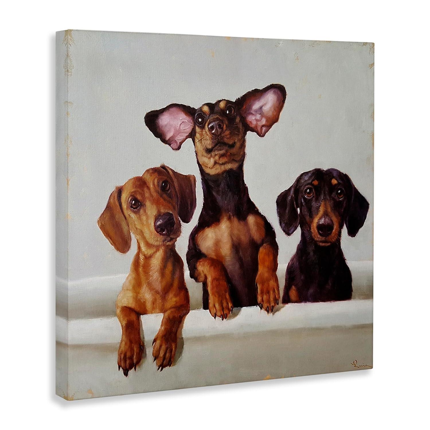"Dachshunds in the Tub Pet Dog Bathroom Painting" by Lucia Heffernan Unframed Animal Canvas Wall Art Print 17 in x 17 in