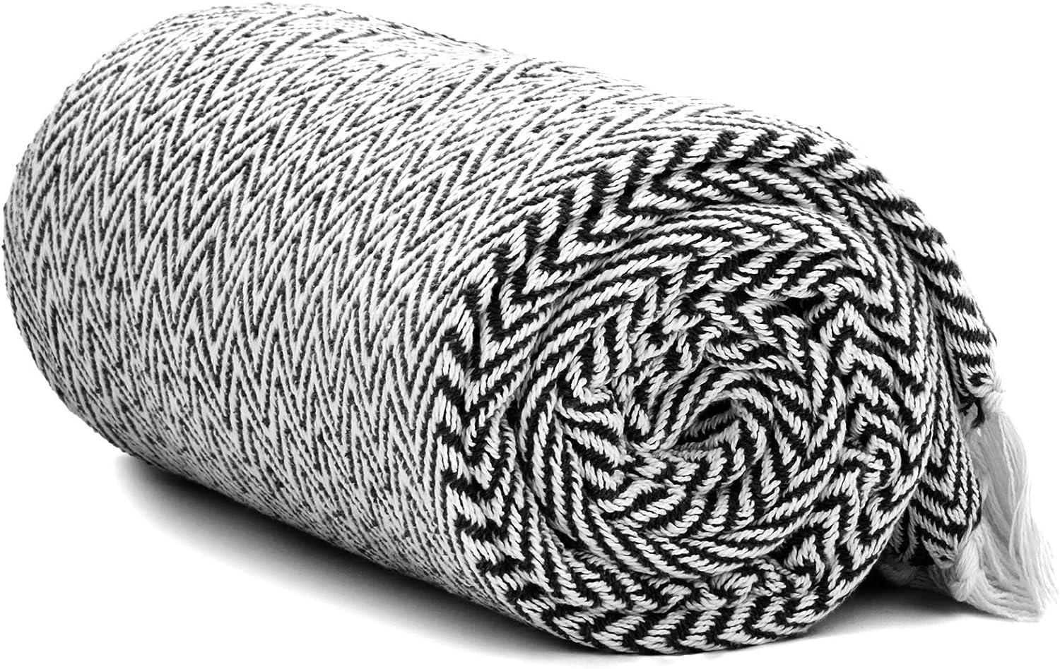 Black and White Herringbone Cotton Throw Blanket with Fringe