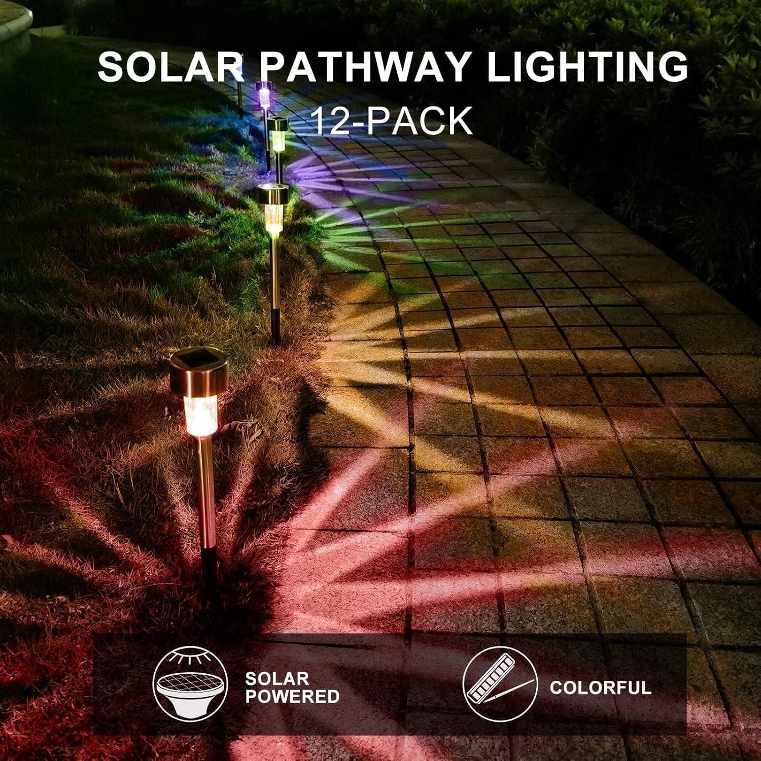 Multicolor Stainless Steel Solar LED Pathway Lights, 12-Pack