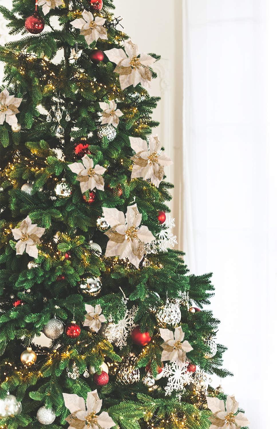 Boao 24 Pieces Christmas Artificial Glitter Poinsettia Flowers Xmas Flowers Wedding Christmas Tree New Year Ornaments(Gold)