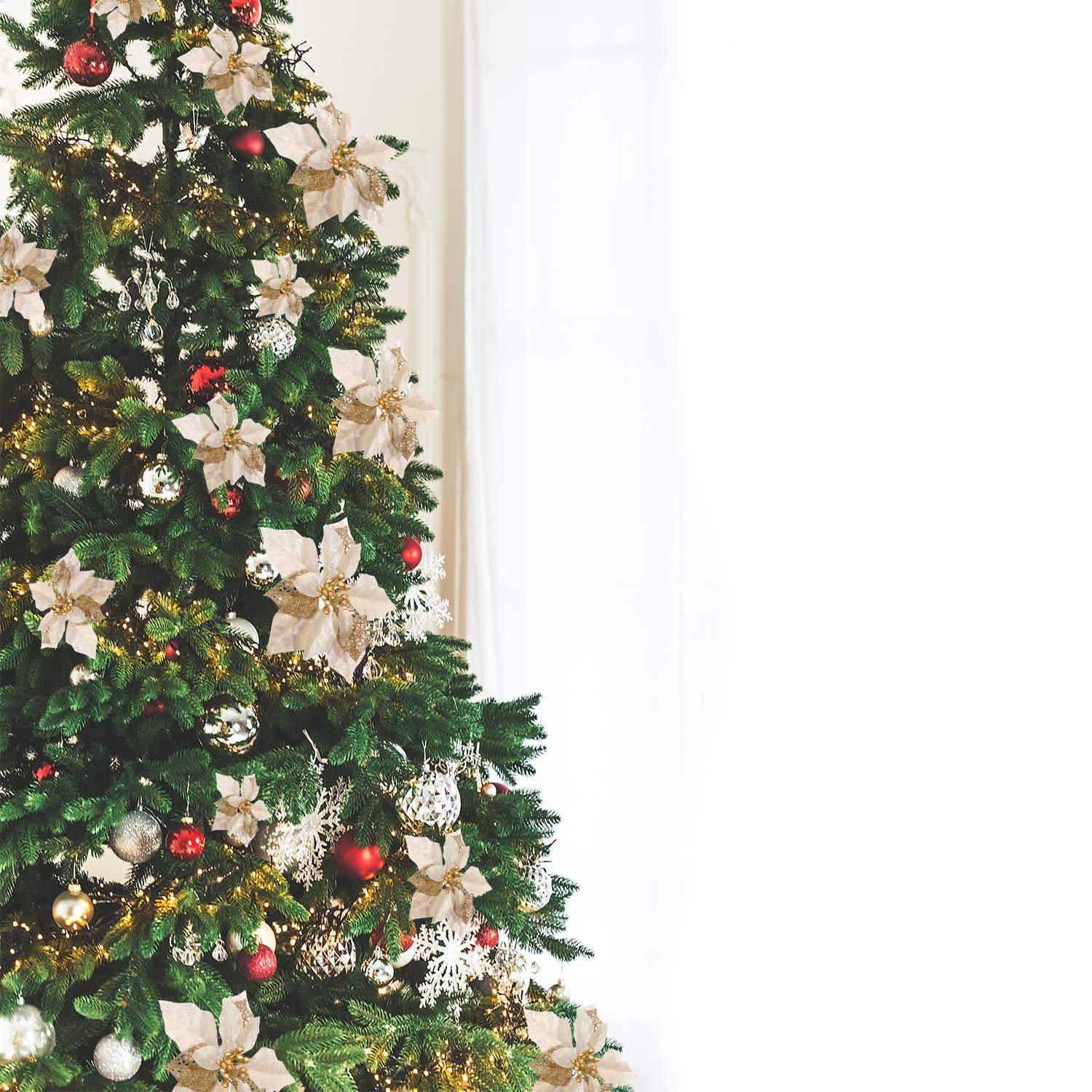 Boao 24 Pieces Christmas Artificial Glitter Poinsettia Flowers Xmas Flowers Wedding Christmas Tree New Year Ornaments(Gold)