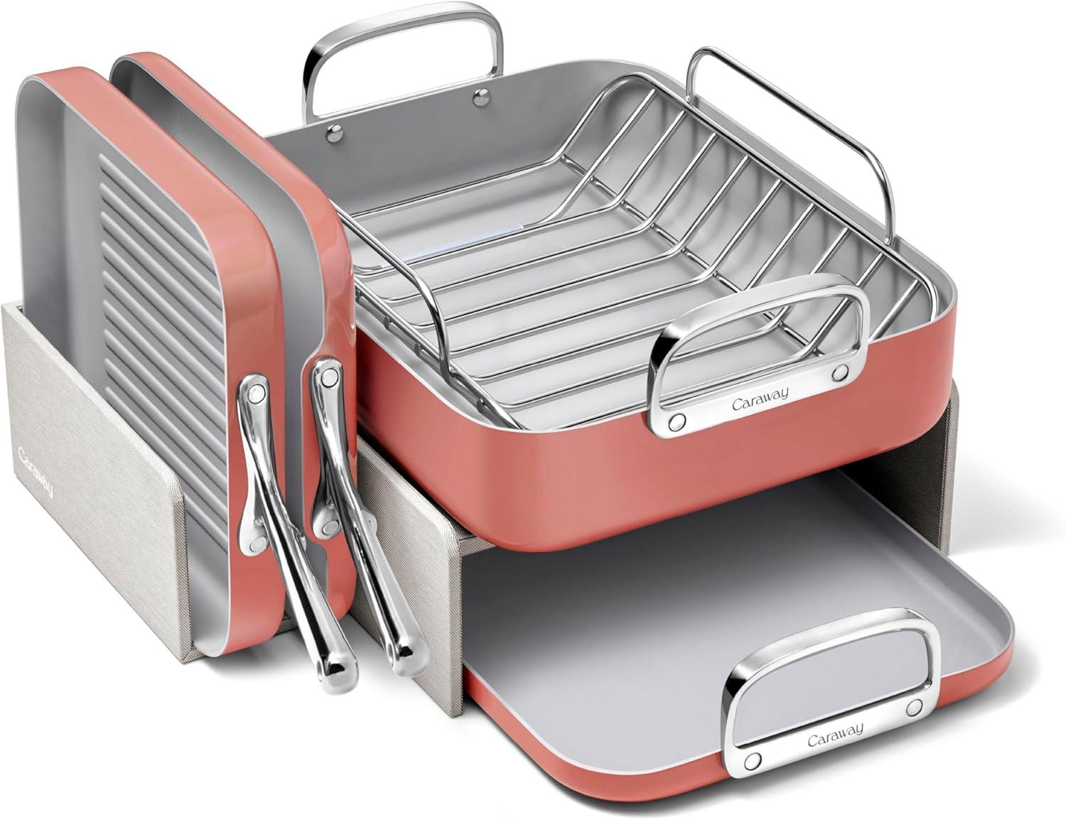 Caraway Home 7pc Square Cookware Set Perracotta: Nonstick Ceramic, Griddle Pans, Roasting Pan, Pot Lid Organizer