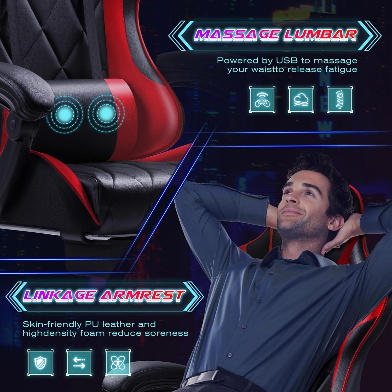 Shahoo Gaming Chair with Footrest and Massage Lumbar Support, Computer Game Chairs Ergonomic Office Seat Height Adjustable with Headrest, Red