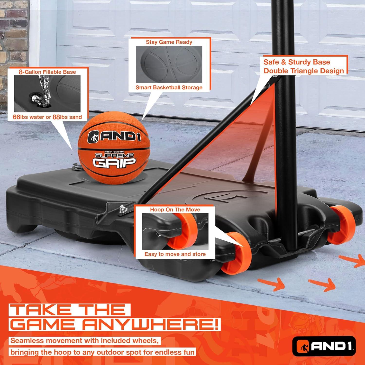 AND1 32" Youth Basketball Hoop & Basketball Bundle - Adjustable Portable Outdoor Hoop, 5-7 ft Adjustable Height