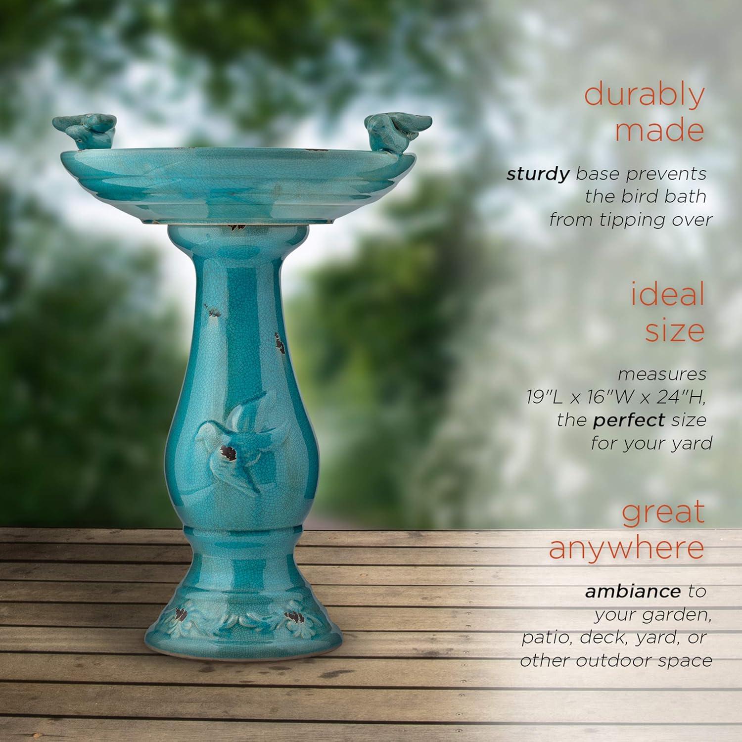 Alpine Corporation Ceramic Pedestal Bird Bath with Bird Figurines, Turquoise