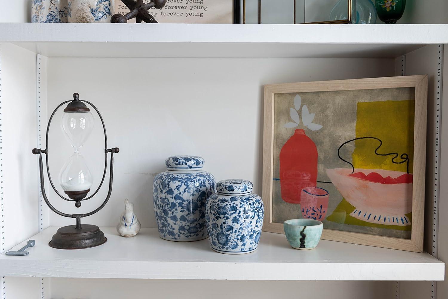 Blue and White Floral Ceramic Ginger Jar with Lid