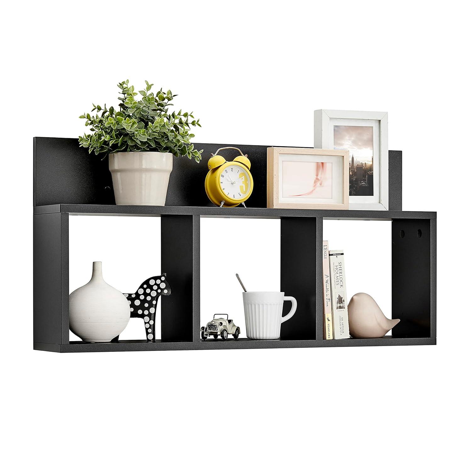 Danya B. 31.5" x 15.7" Modern 3 Cube Floating Wall Shelf with Display Ledge Black: Mid-Century Style, MDF & Iron