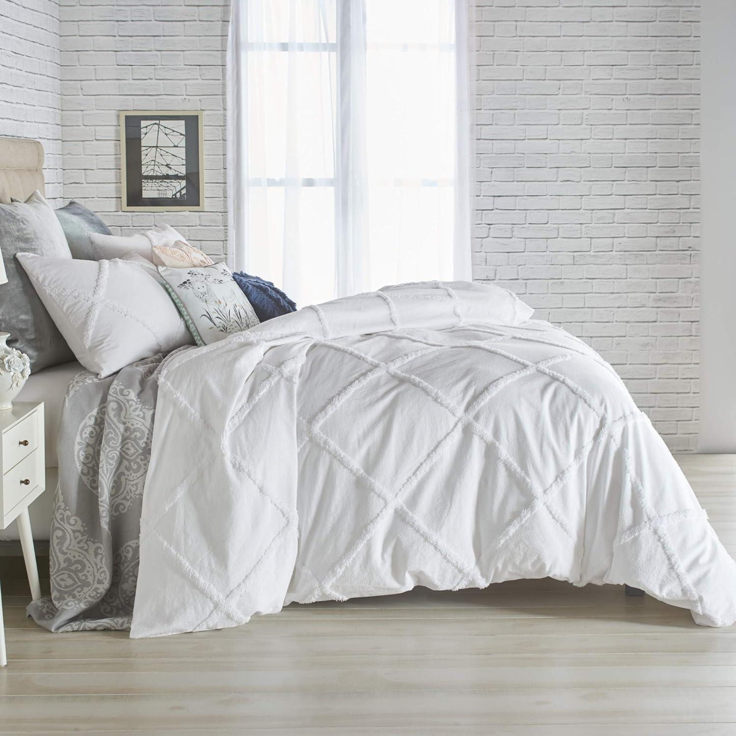 Peri Home Chenille Lattice 3 Piece King Comforter Set, White, Cotton, Chenille Tufted, Adult